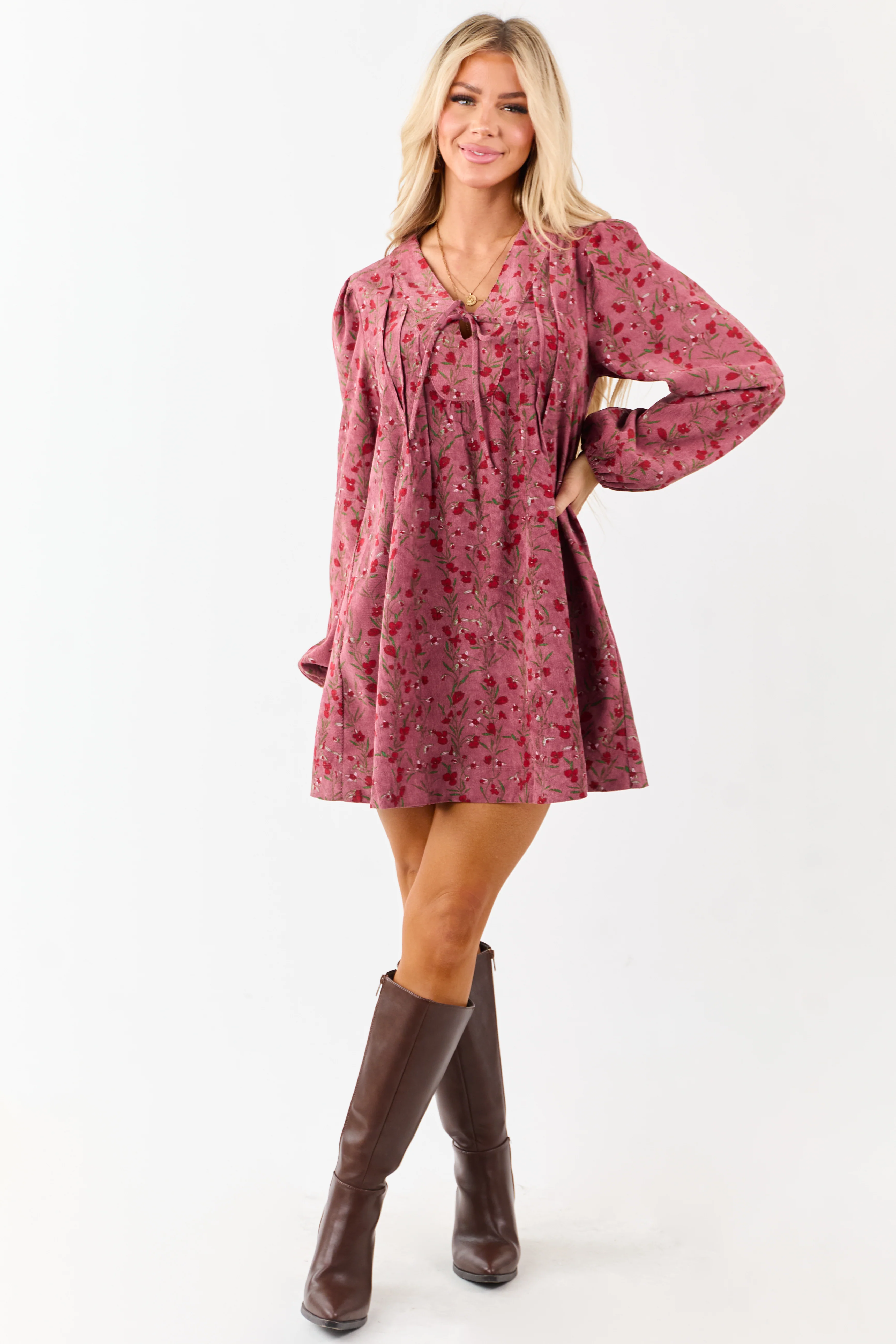 Dark Mauve Floral Corduroy Long Sleeve Mini Dress - Image 4