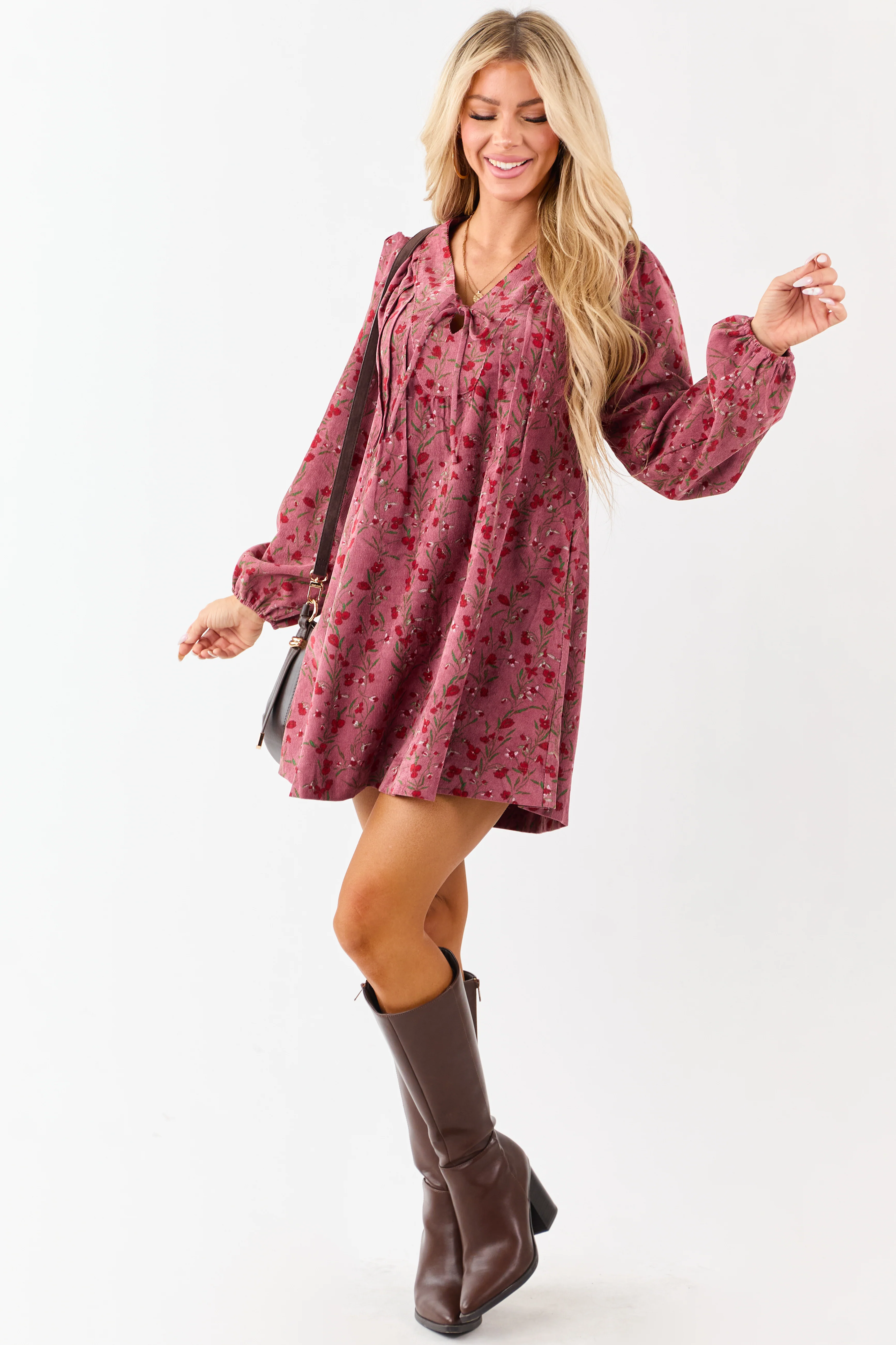 Dark Mauve Floral Corduroy Long Sleeve Mini Dress - Image 5