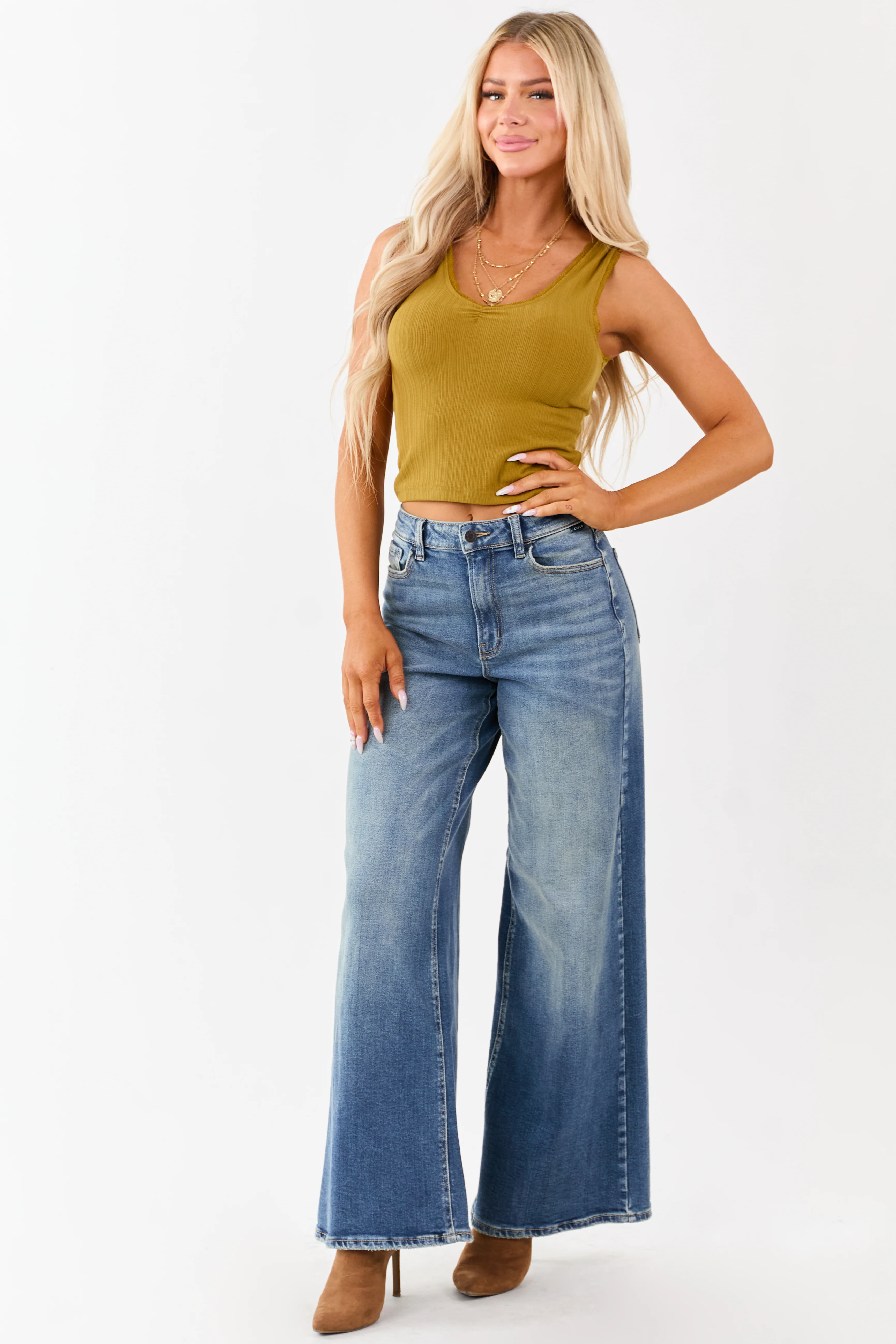 Dark Mustard Lace Trim Cropped Rib Knit Tank Top - Image 4