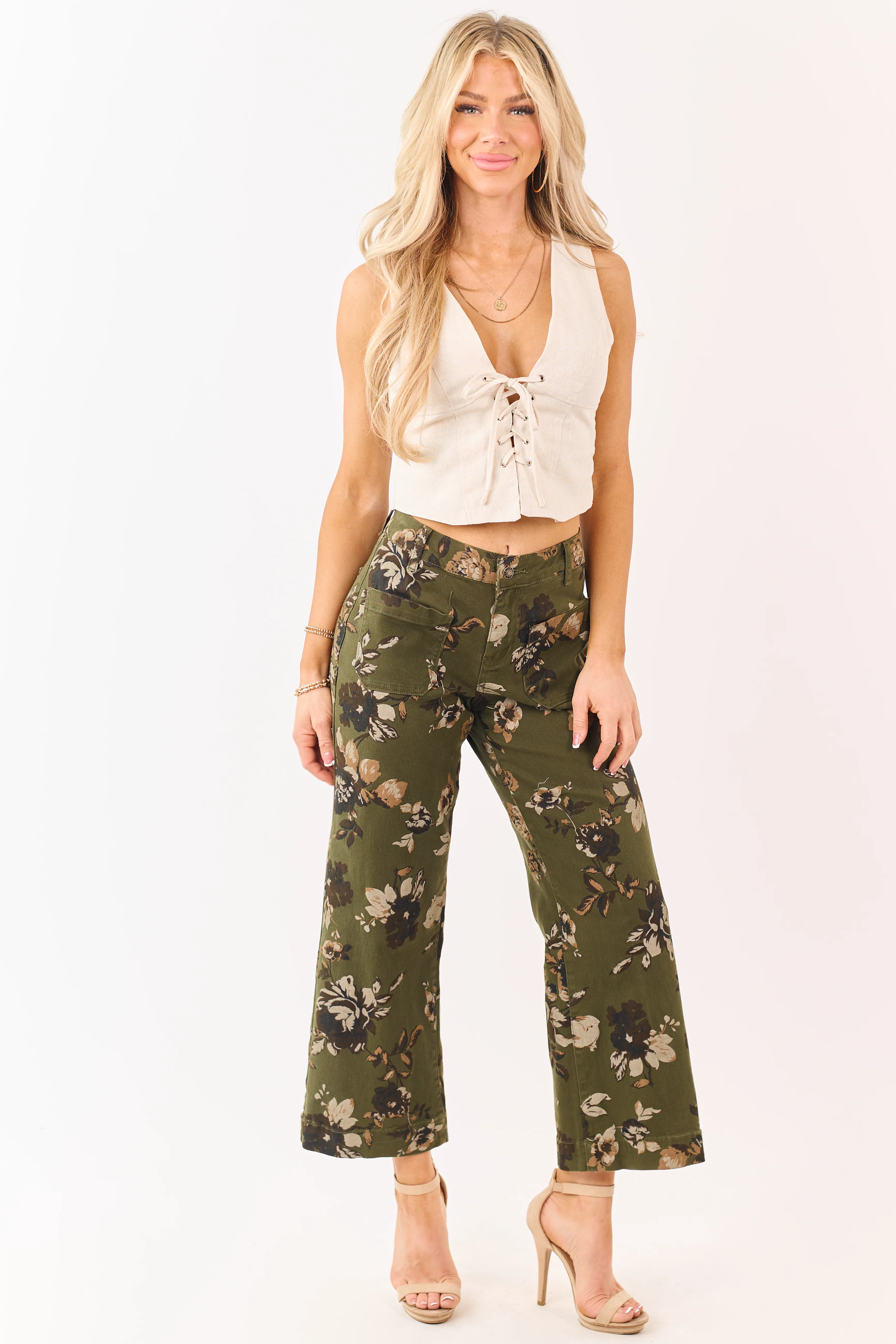 Dark Olive Floral Print Stretchy Wide Leg Jeans