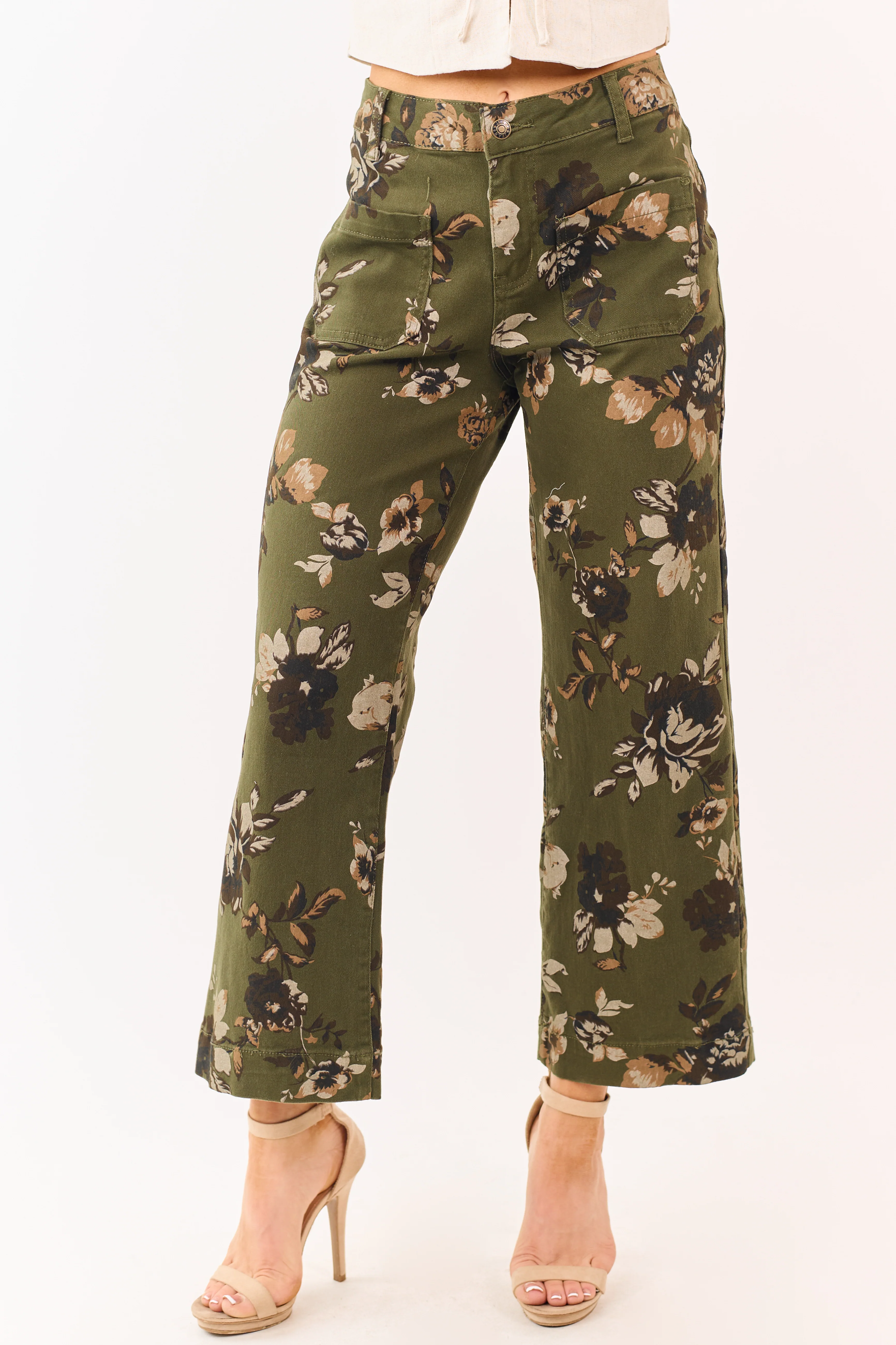 Dark Olive Floral Print Stretchy Wide Leg Jeans - Image 2