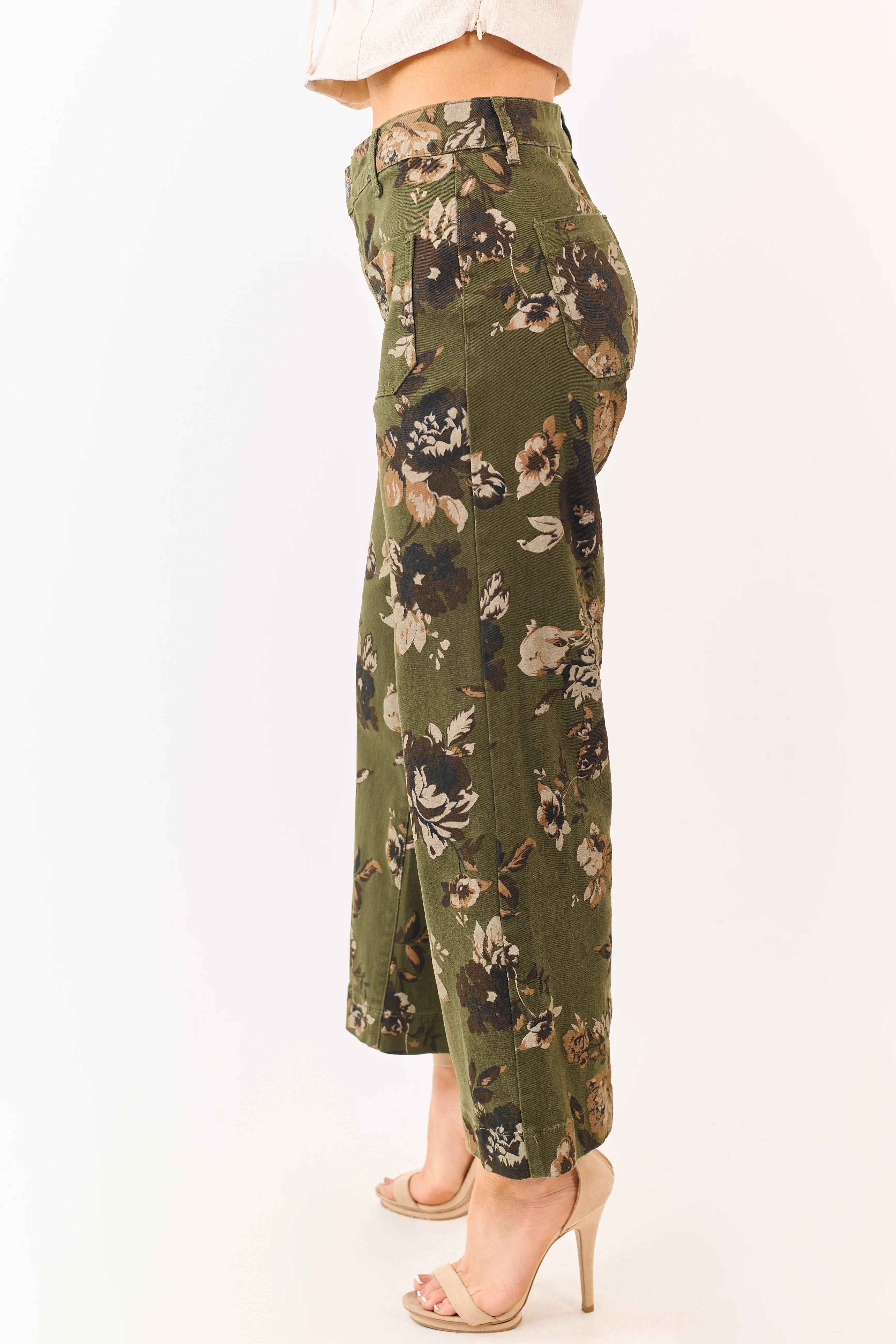 Dark Olive Floral Print Stretchy Wide Leg Jeans - Image 3