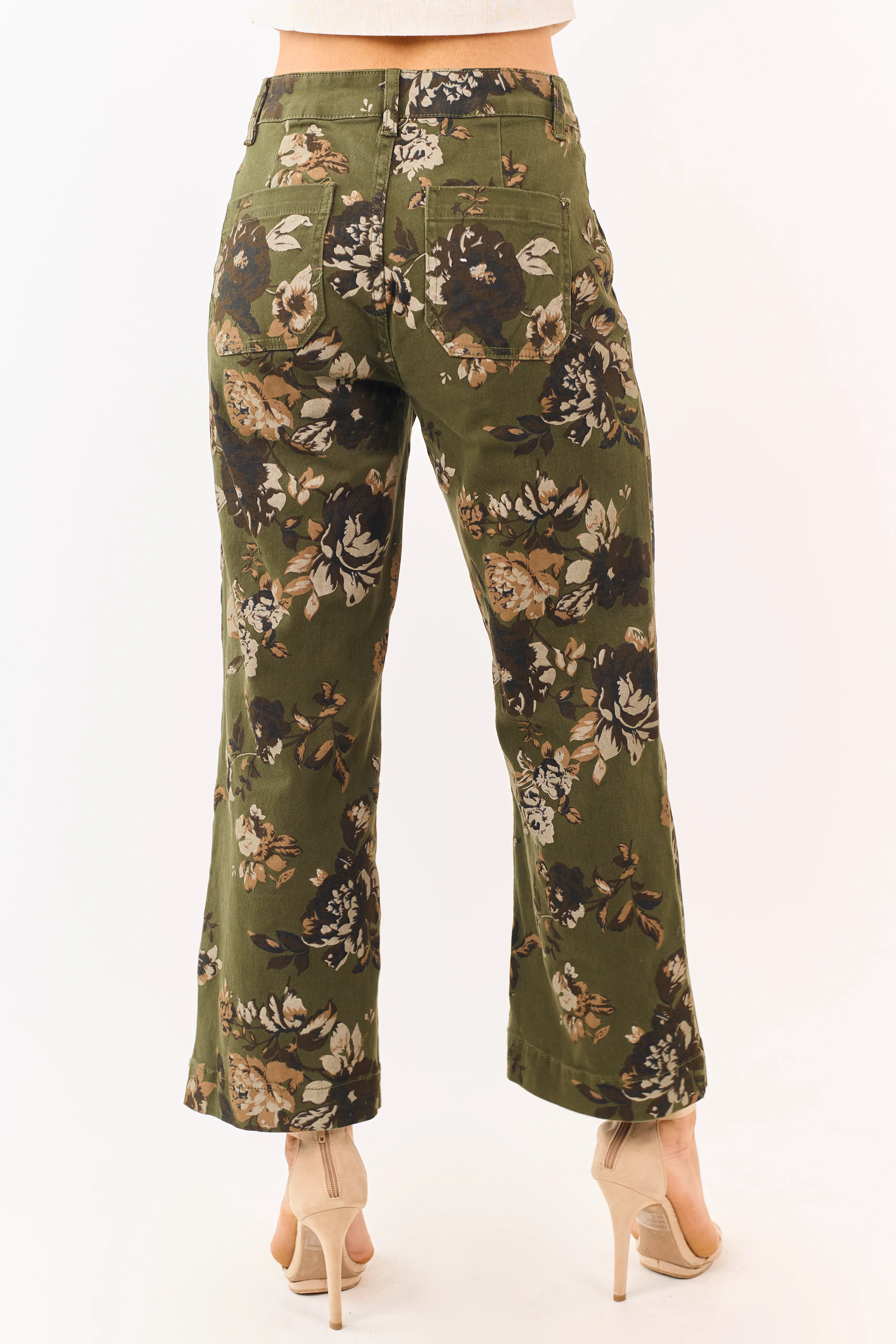 Dark Olive Floral Print Stretchy Wide Leg Jeans - Image 4