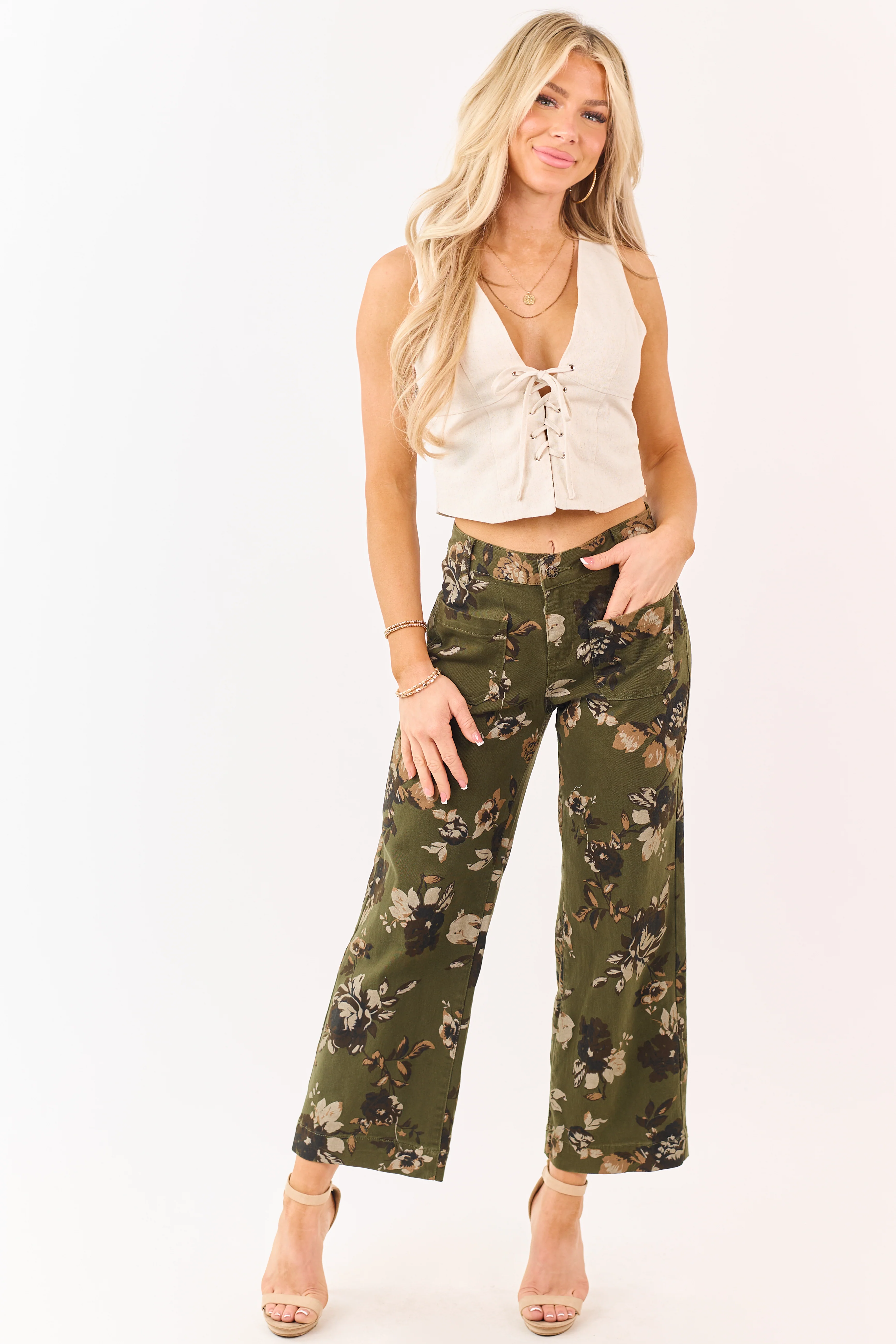 Dark Olive Floral Print Stretchy Wide Leg Jeans - Image 5