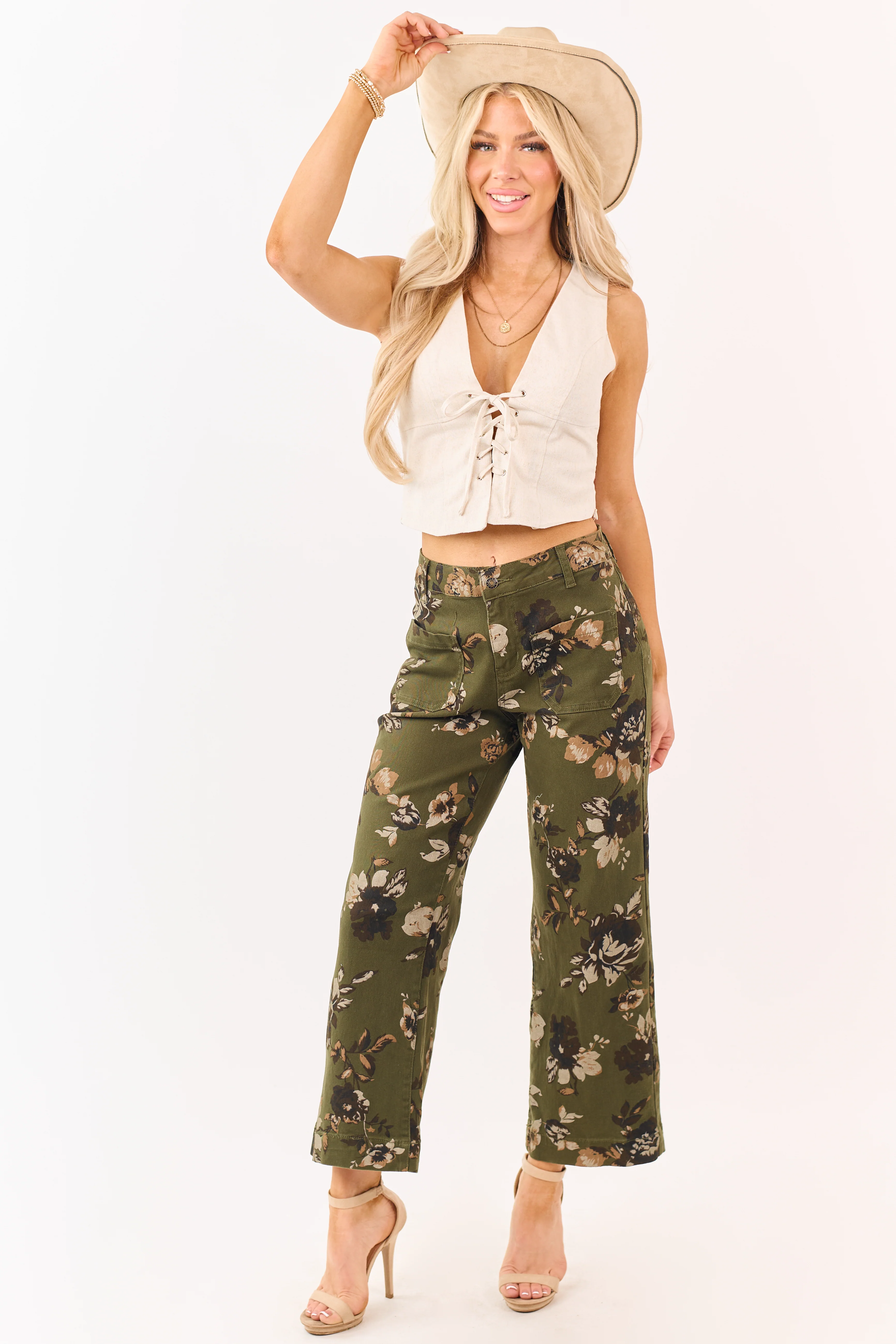 Dark Olive Floral Print Stretchy Wide Leg Jeans - Image 6