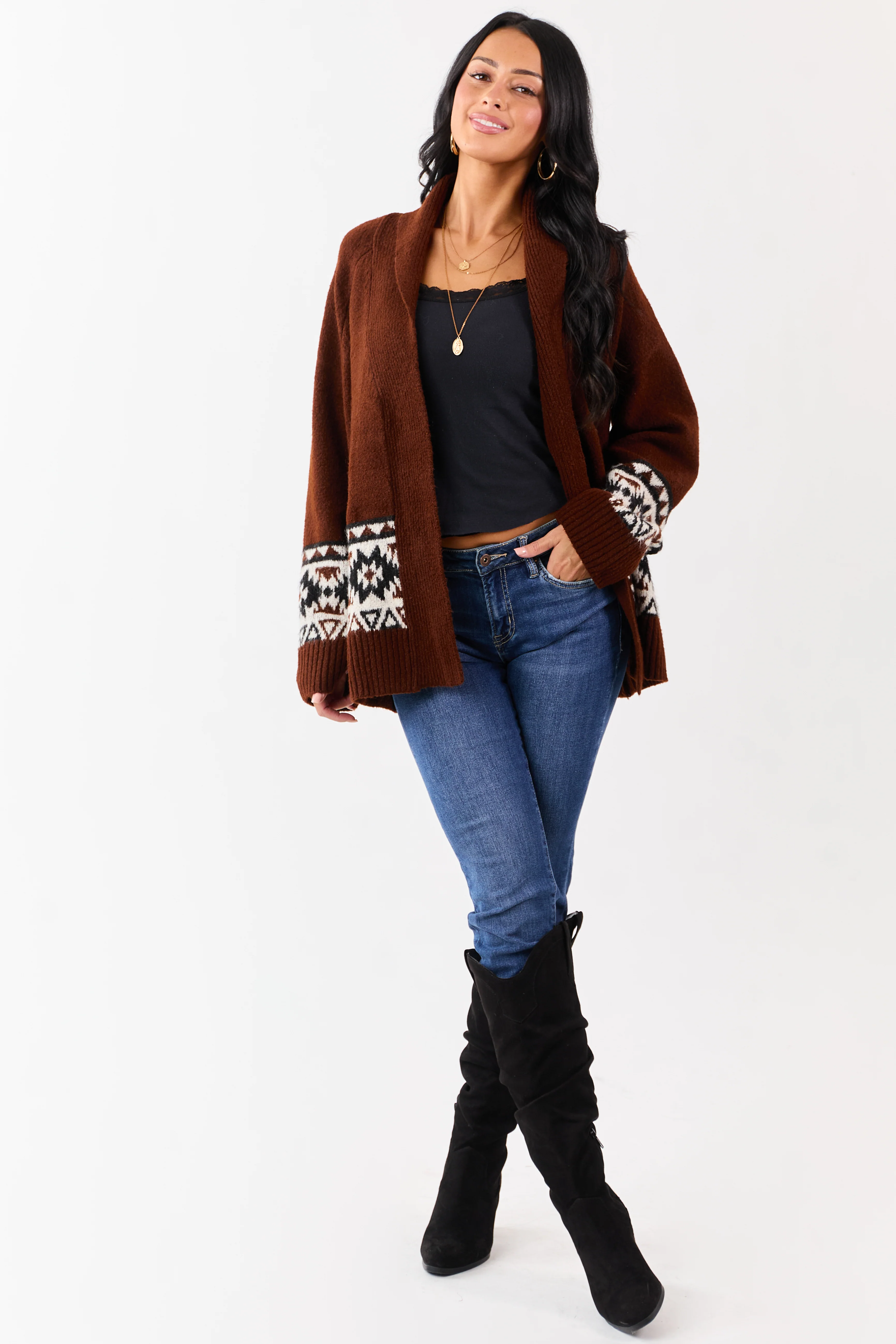 Dark Spice Aztec Pattern Open Front Knit Cardigan - Image 3