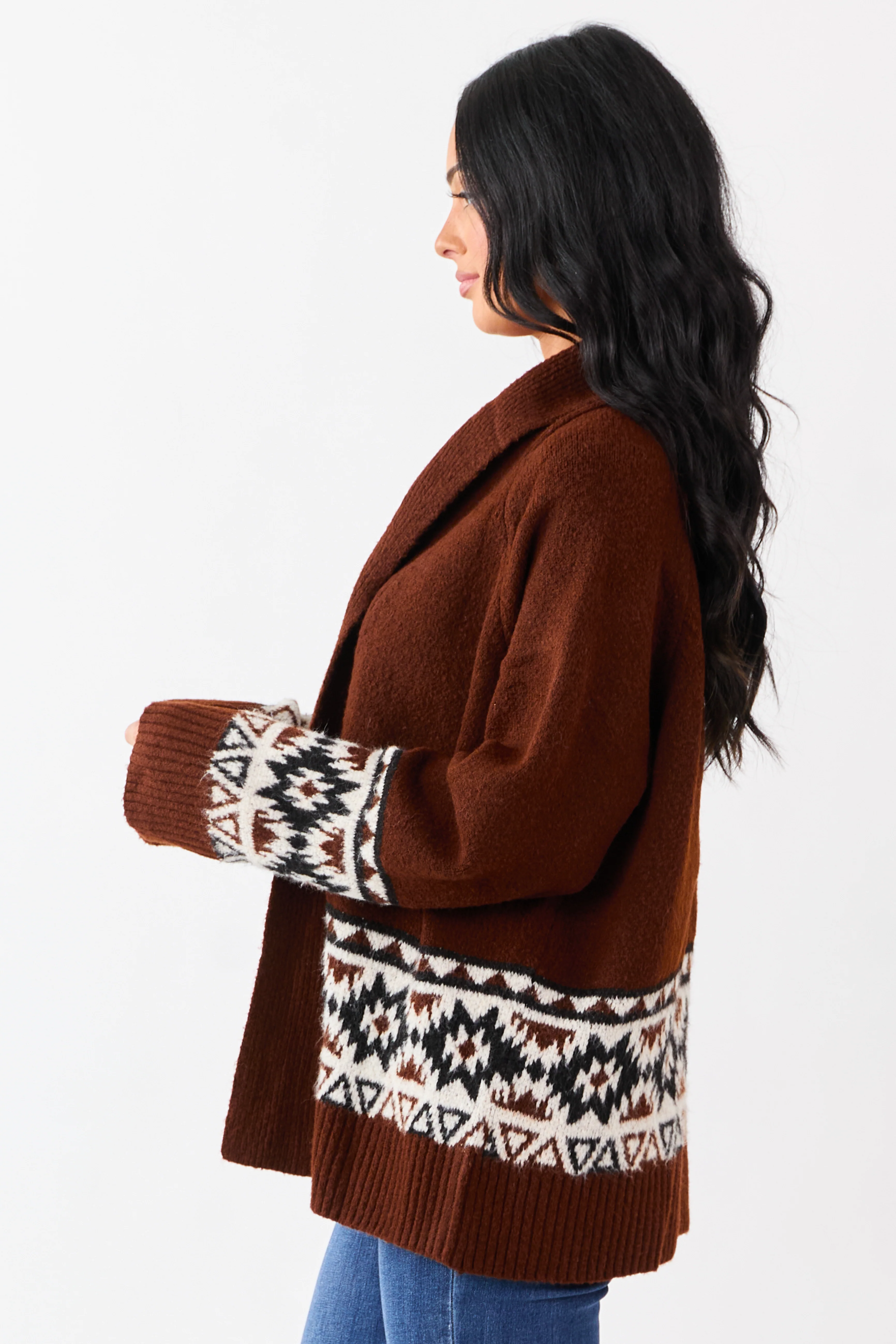 Dark Spice Aztec Pattern Open Front Knit Cardigan - Image 4