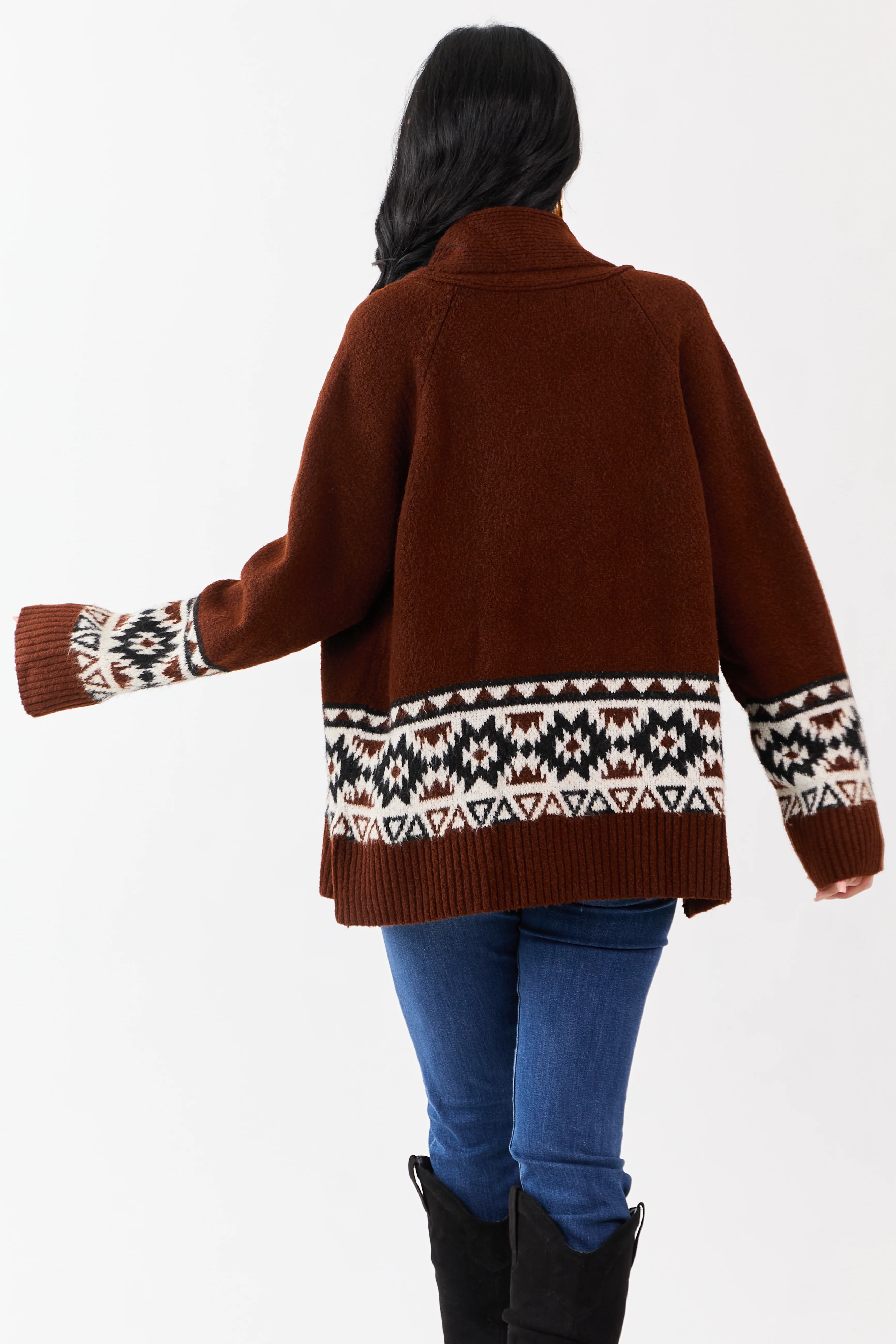 Dark Spice Aztec Pattern Open Front Knit Cardigan - Image 5
