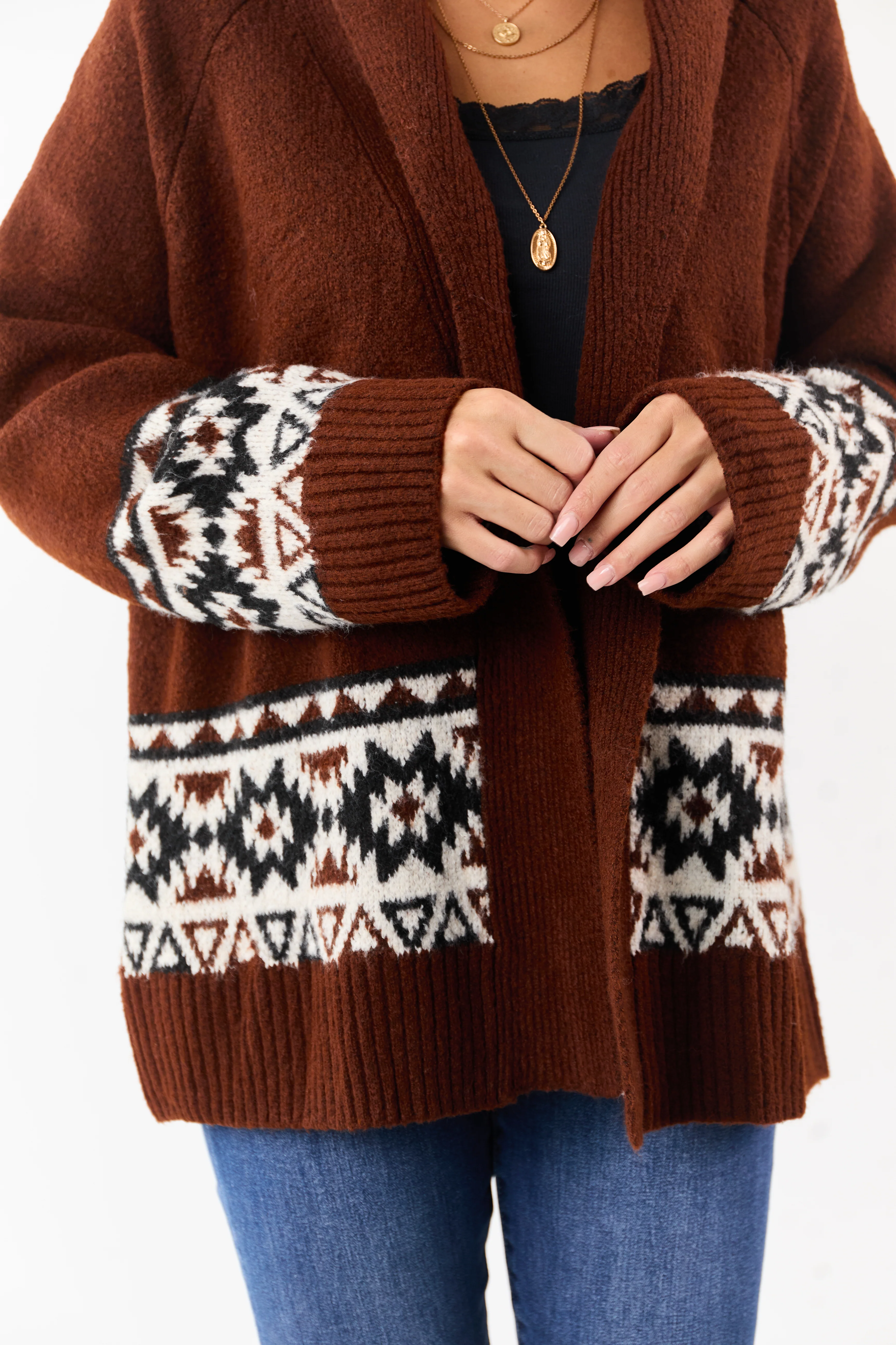 Dark Spice Aztec Pattern Open Front Knit Cardigan - Image 6