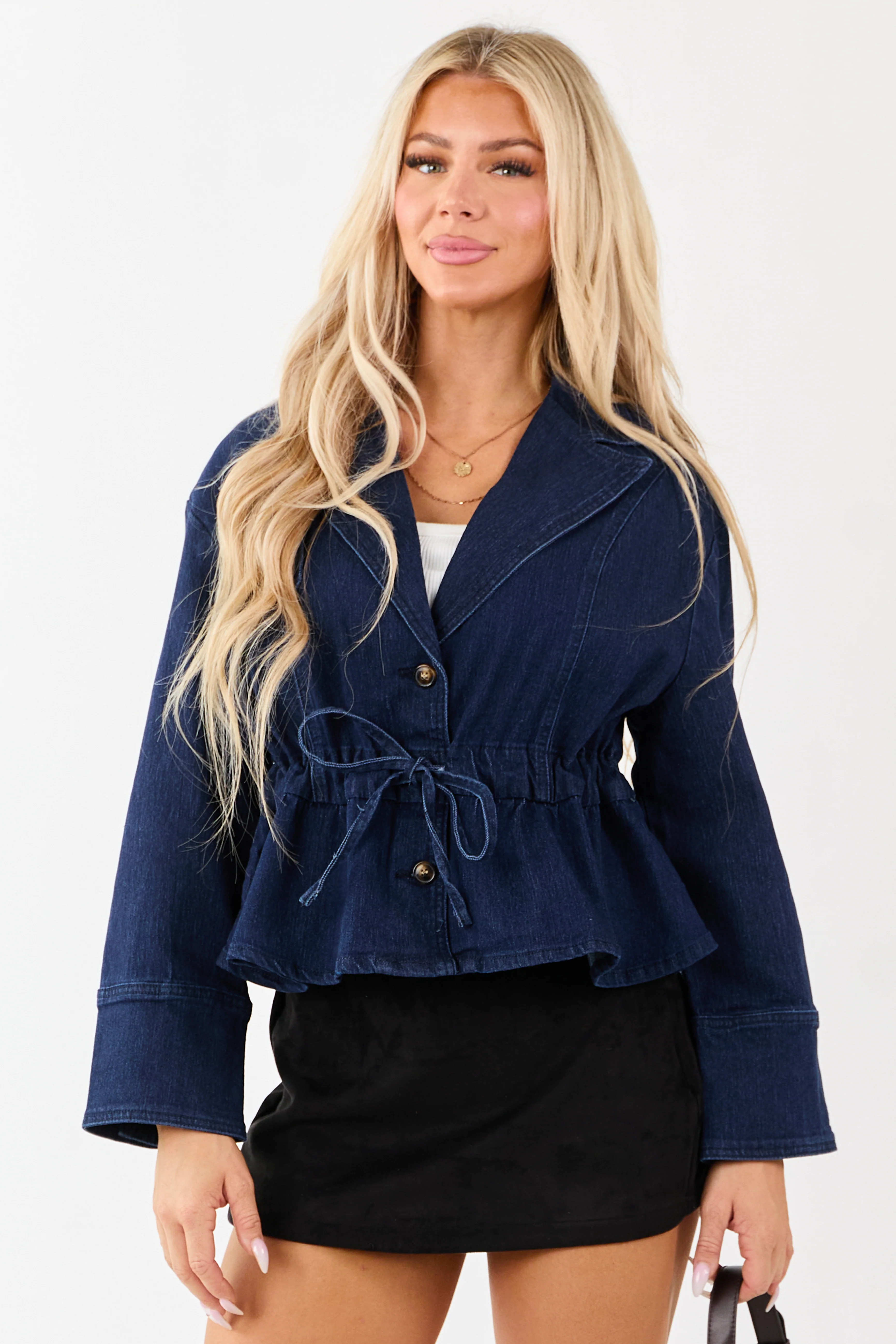 Dark Wash Denim Peplum Waist Tie Jacket
