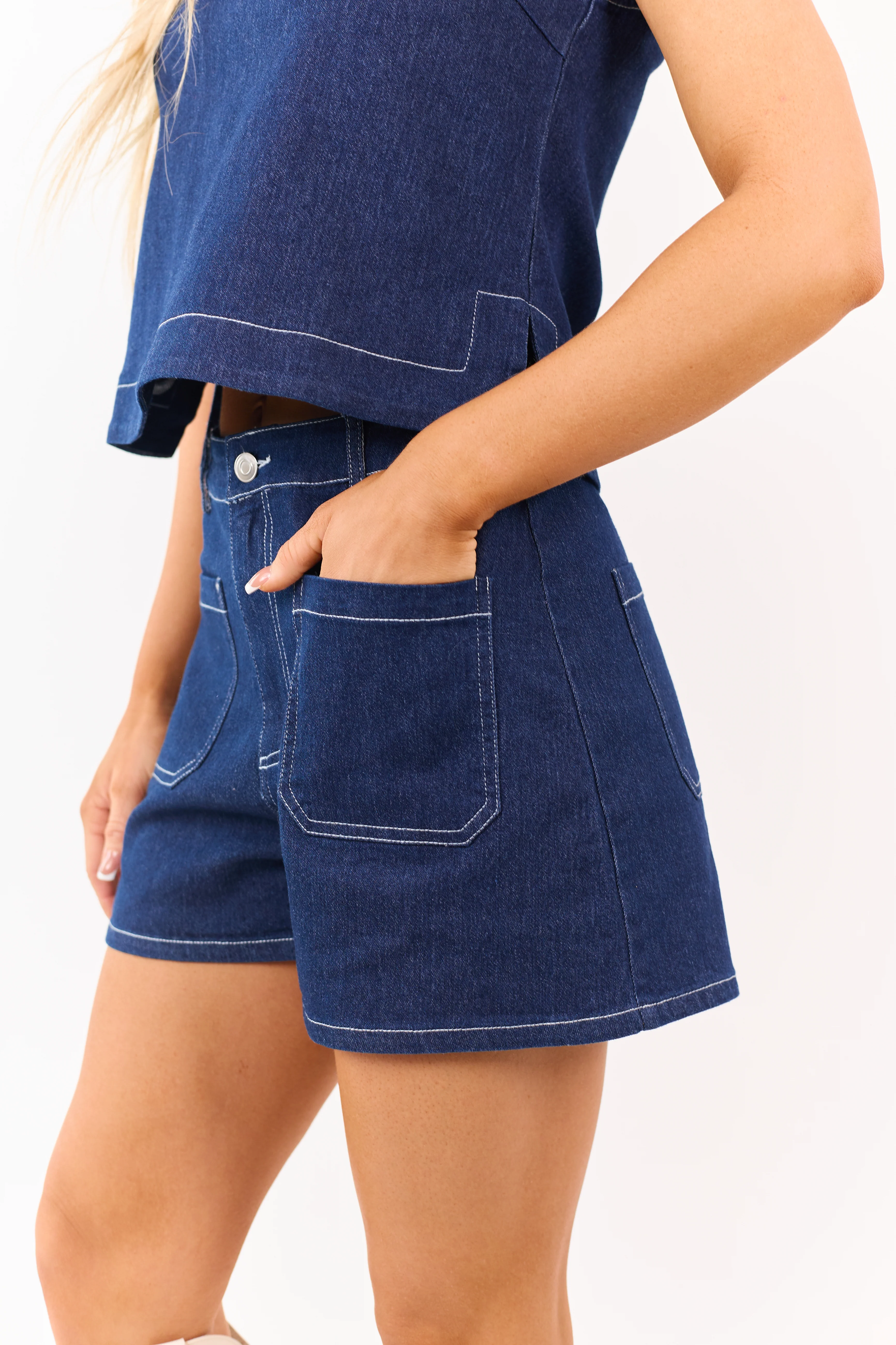 Dark Wash Denim Tank Top and Shorts Set - Image 6