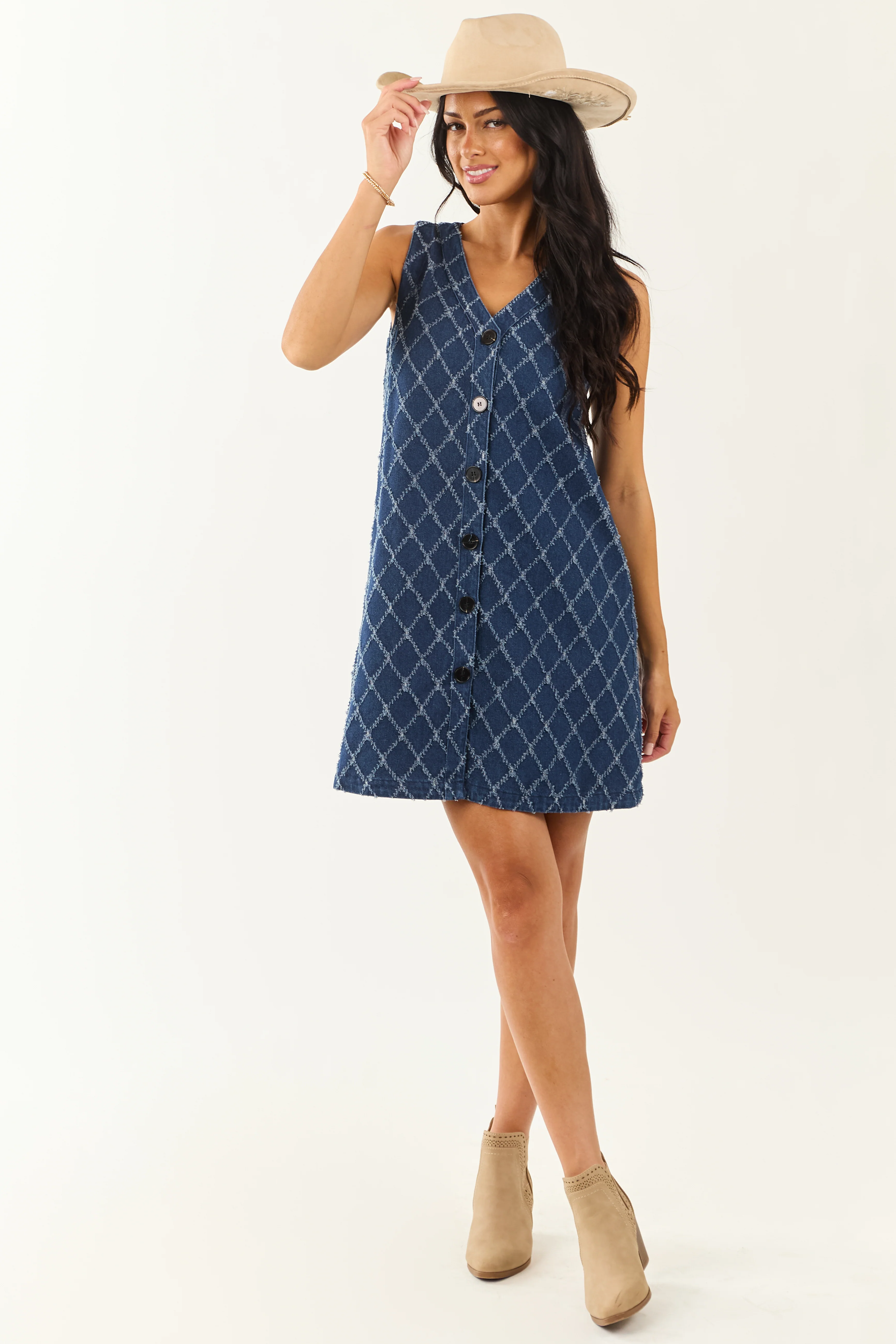 Dark Wash Frayed Geometric Pattern Denim Mini Dress - Image 5
