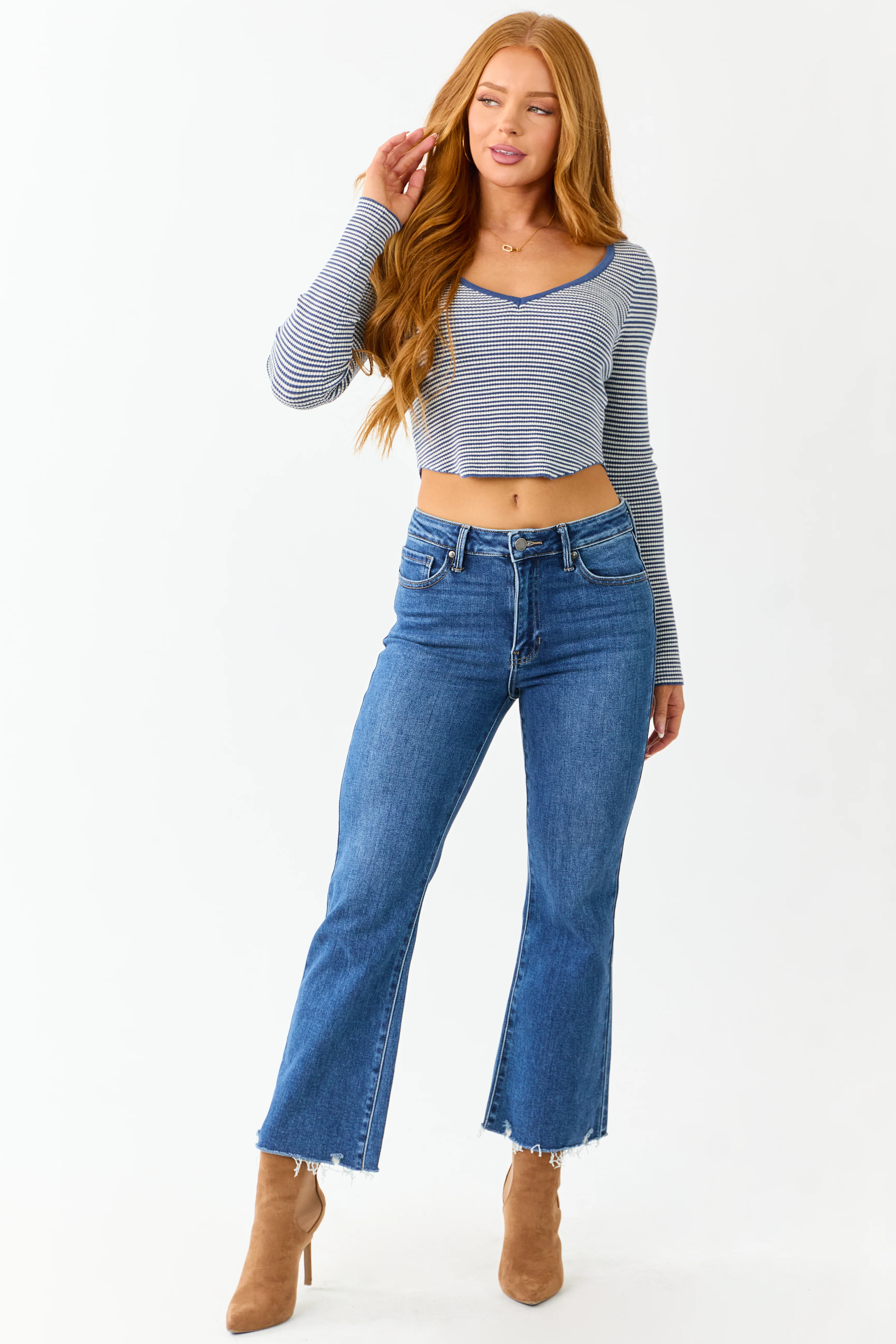Dark Wash High Rise Cropped Flare Stretchy Jeans - Image 2