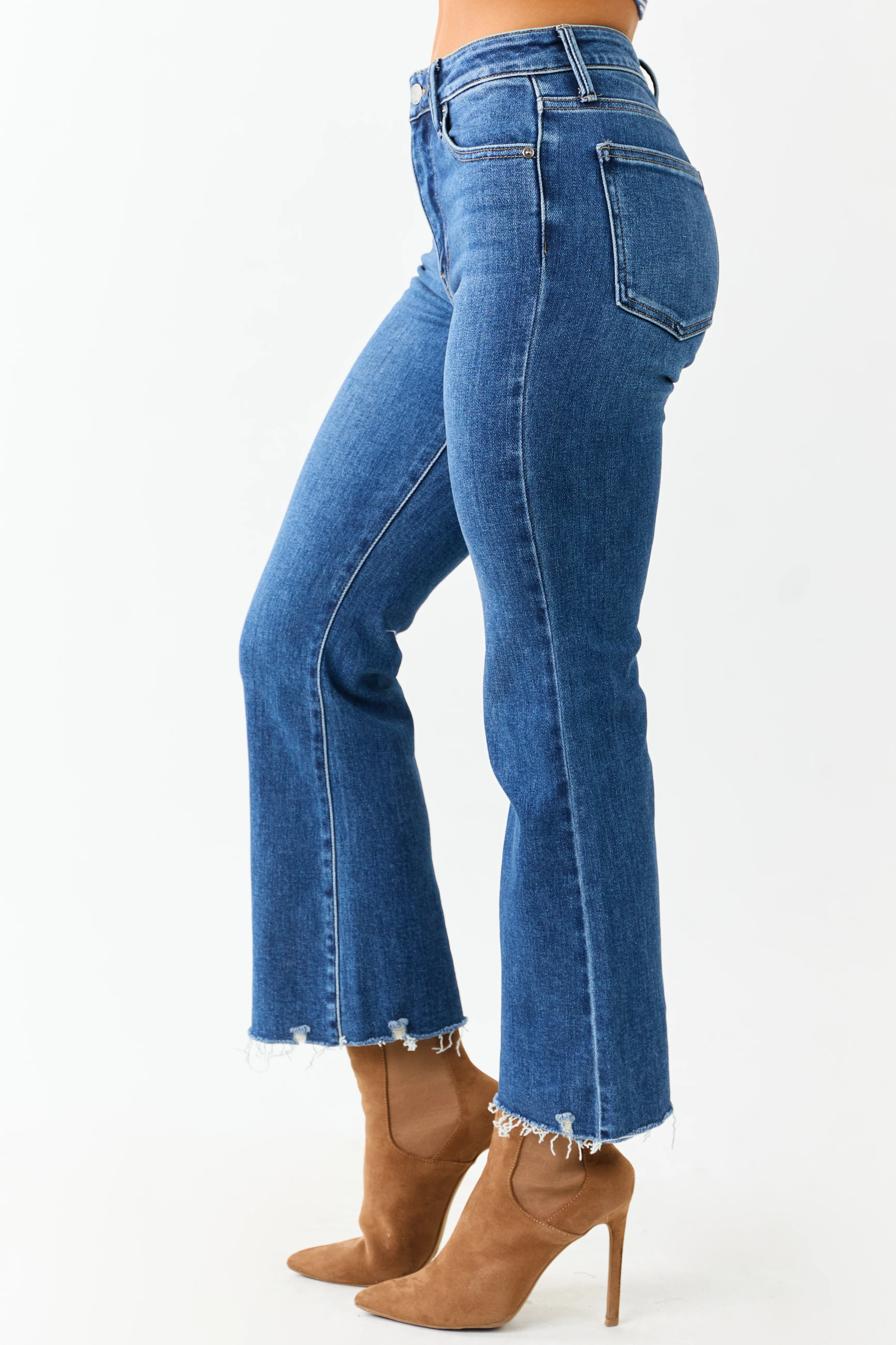 Dark Wash High Rise Cropped Flare Stretchy Jeans - Image 3