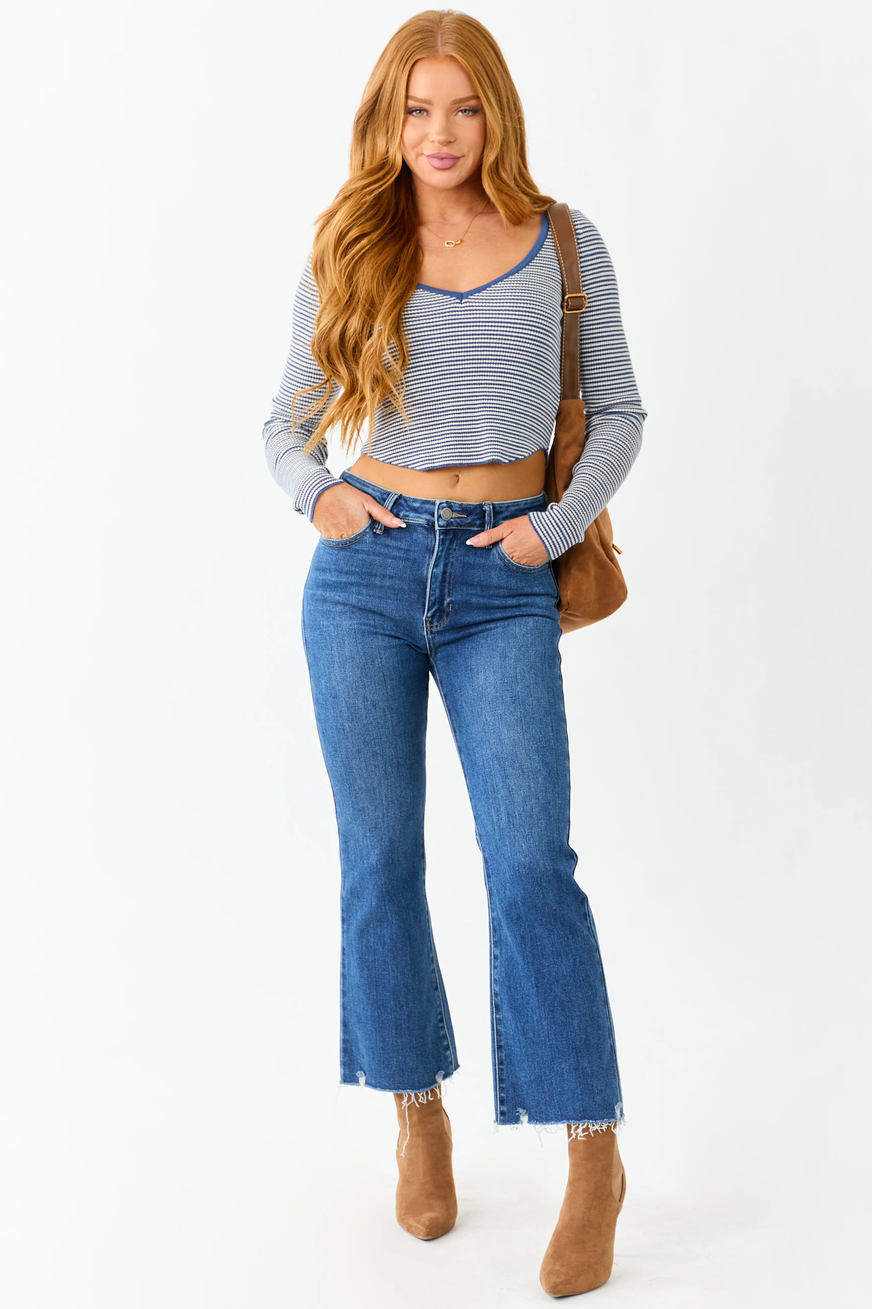 Dark Wash High Rise Cropped Flare Stretchy Jeans - Image 6
