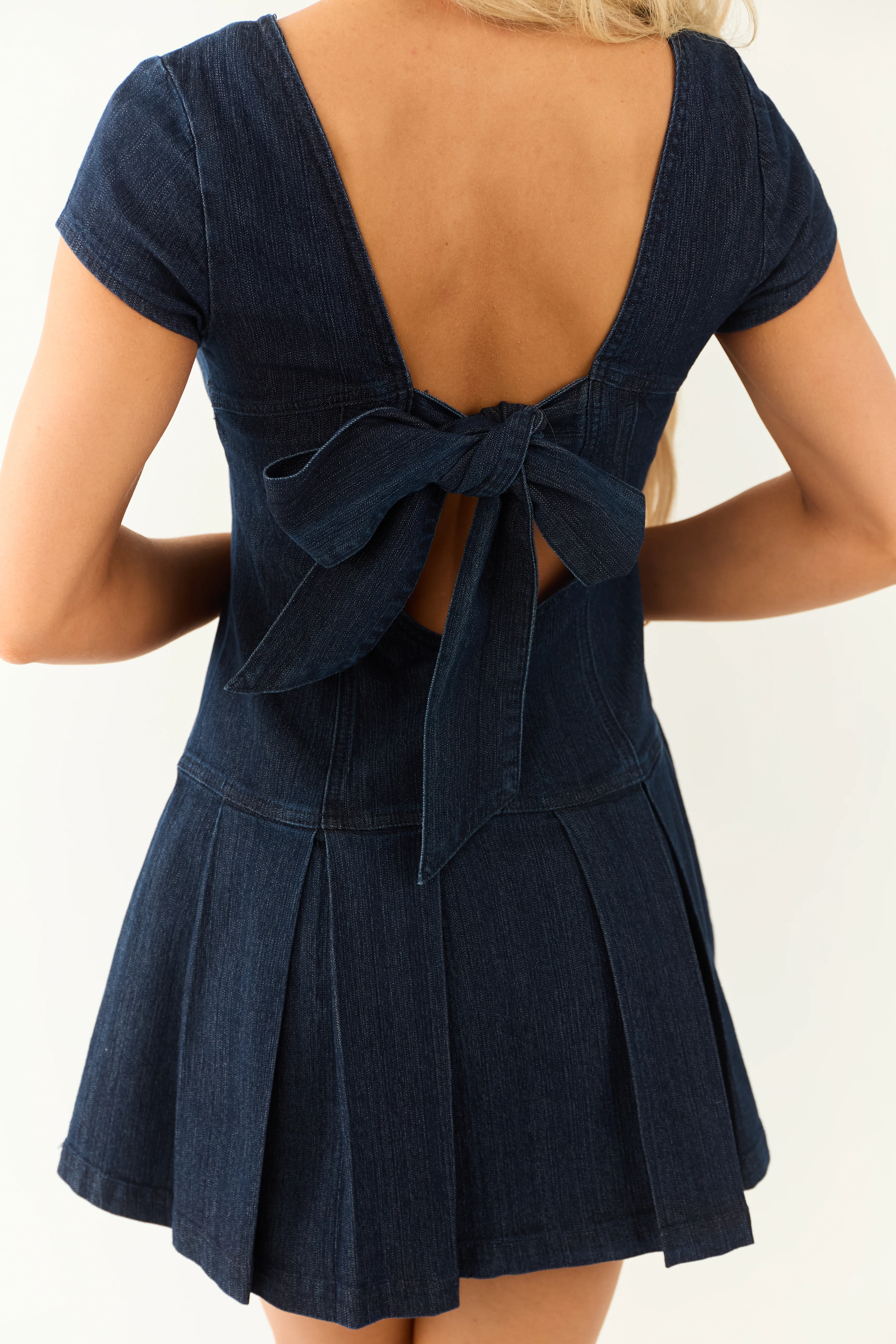 Dark Wash Open Back Cap Sleeve Mini Dress - Image 3