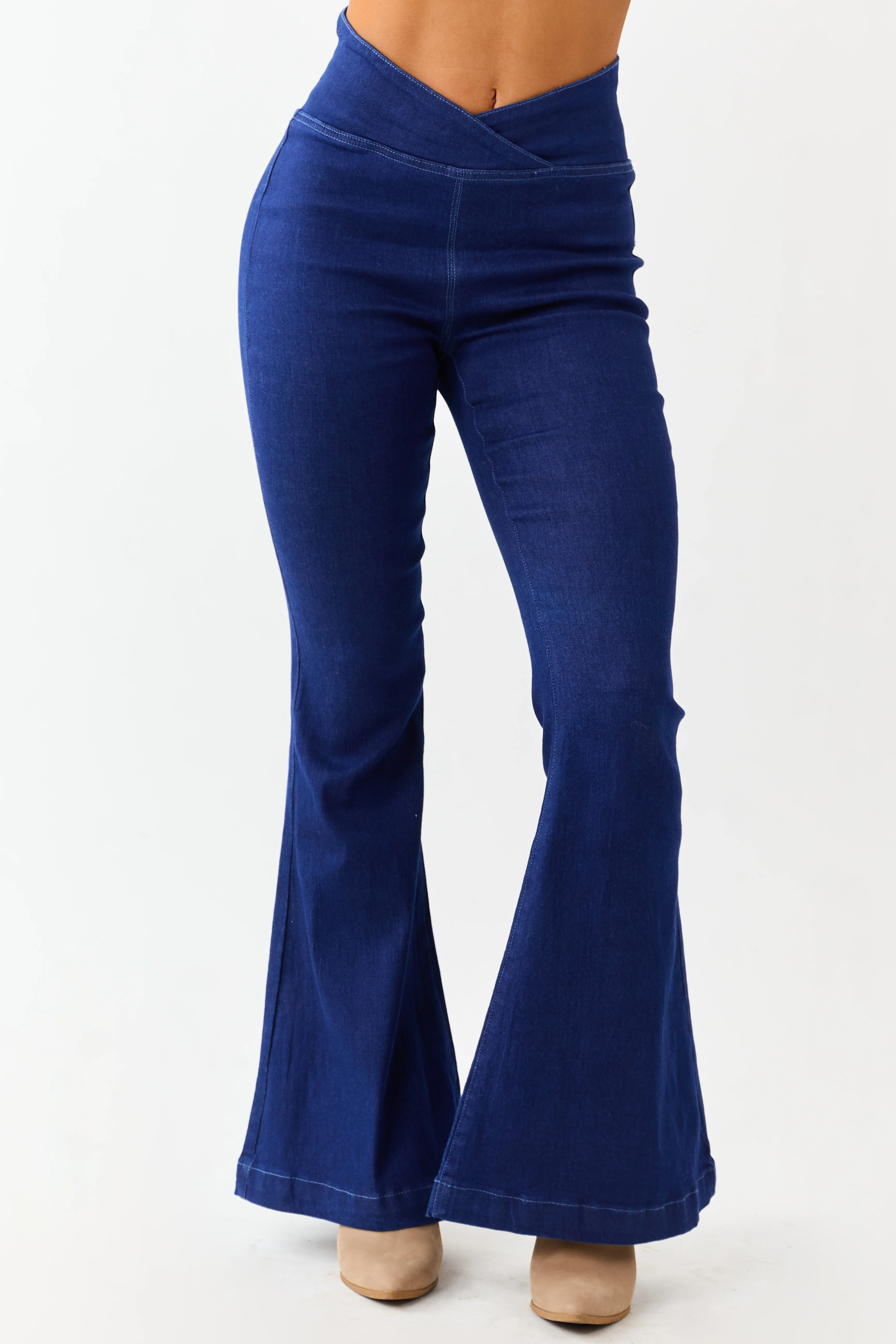Dark Wash Stretchy V Wrap Waist Flare Jeans