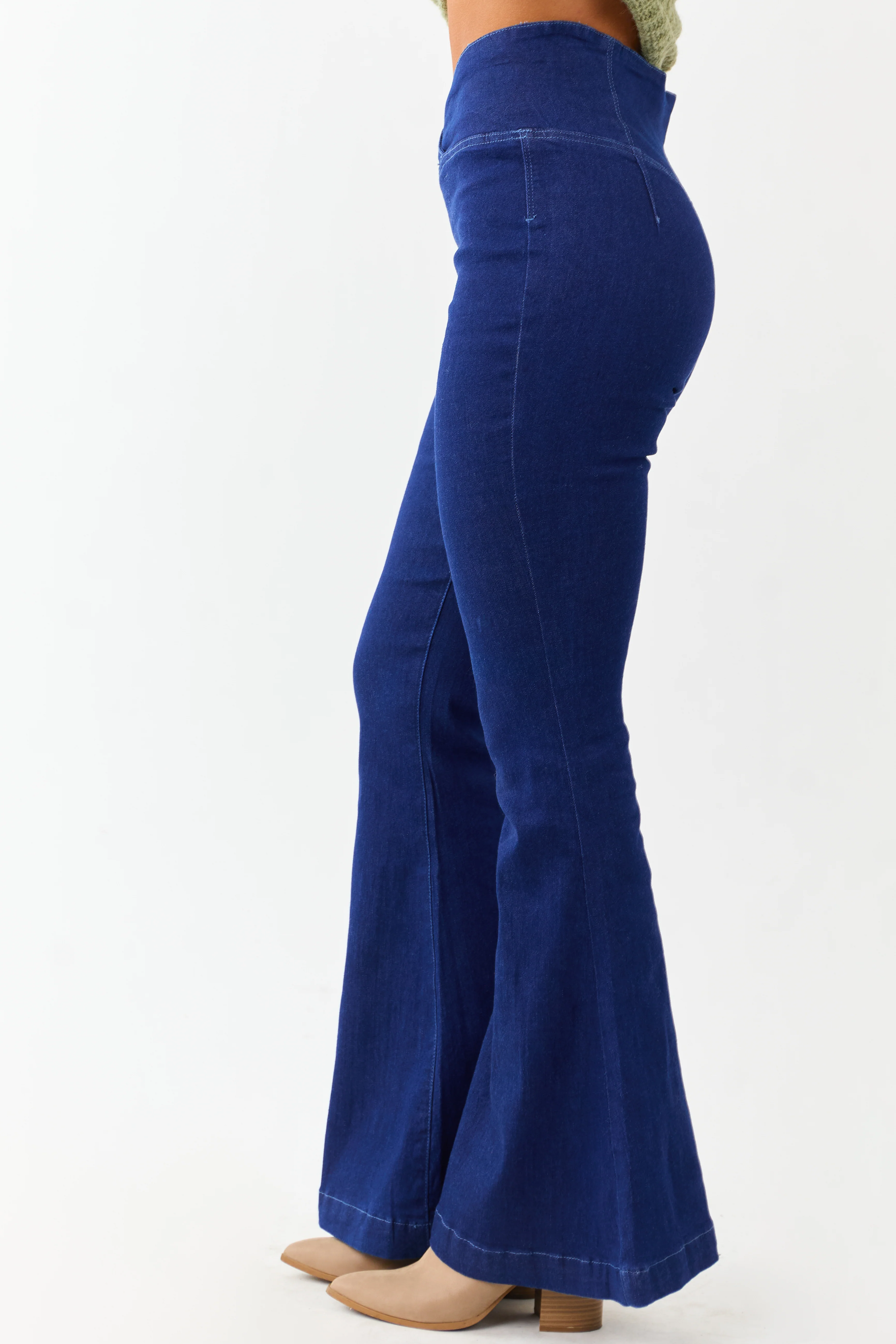 Dark Wash Stretchy V Wrap Waist Flare Jeans - Image 3