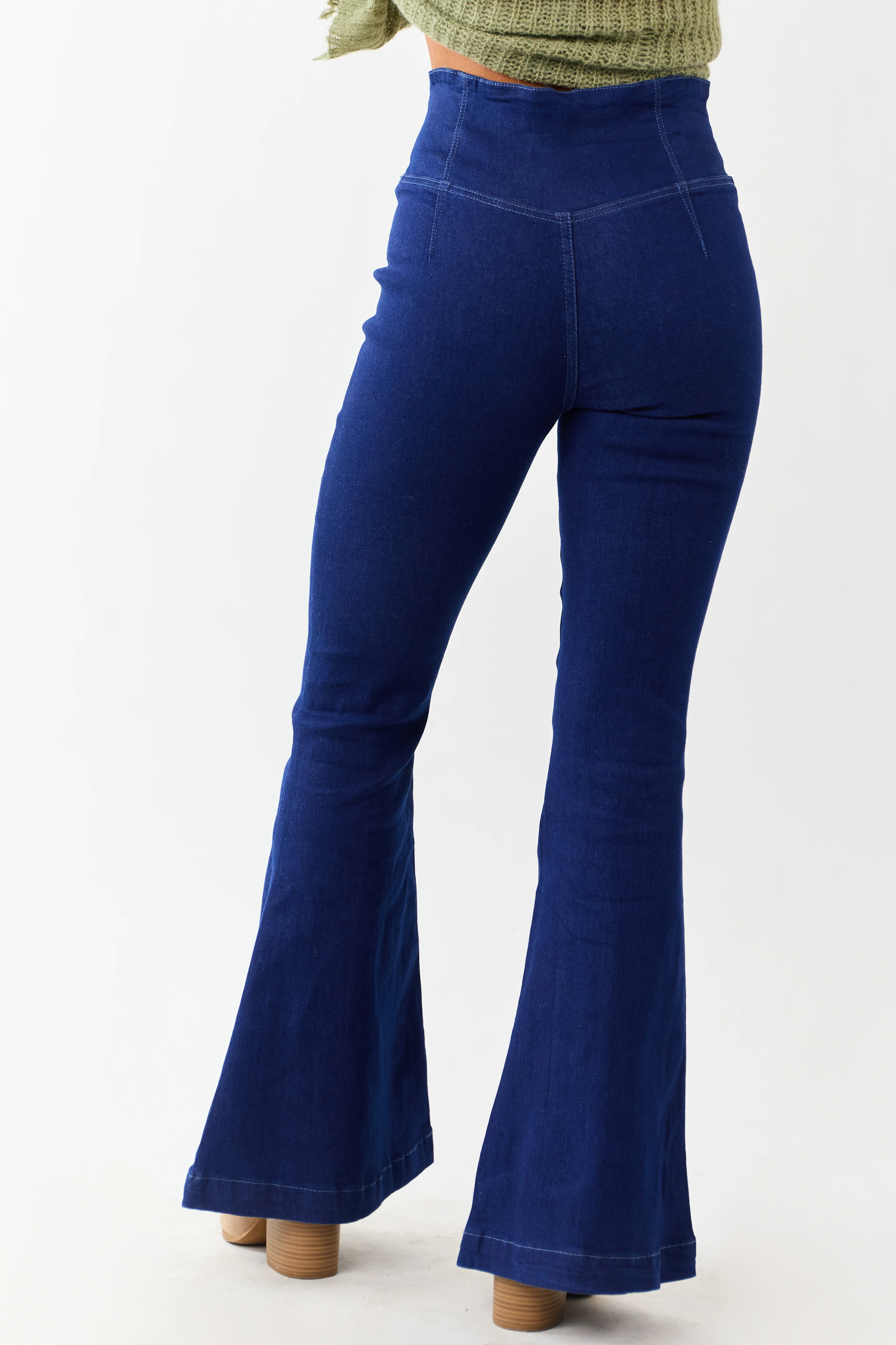 Dark Wash Stretchy V Wrap Waist Flare Jeans - Image 4