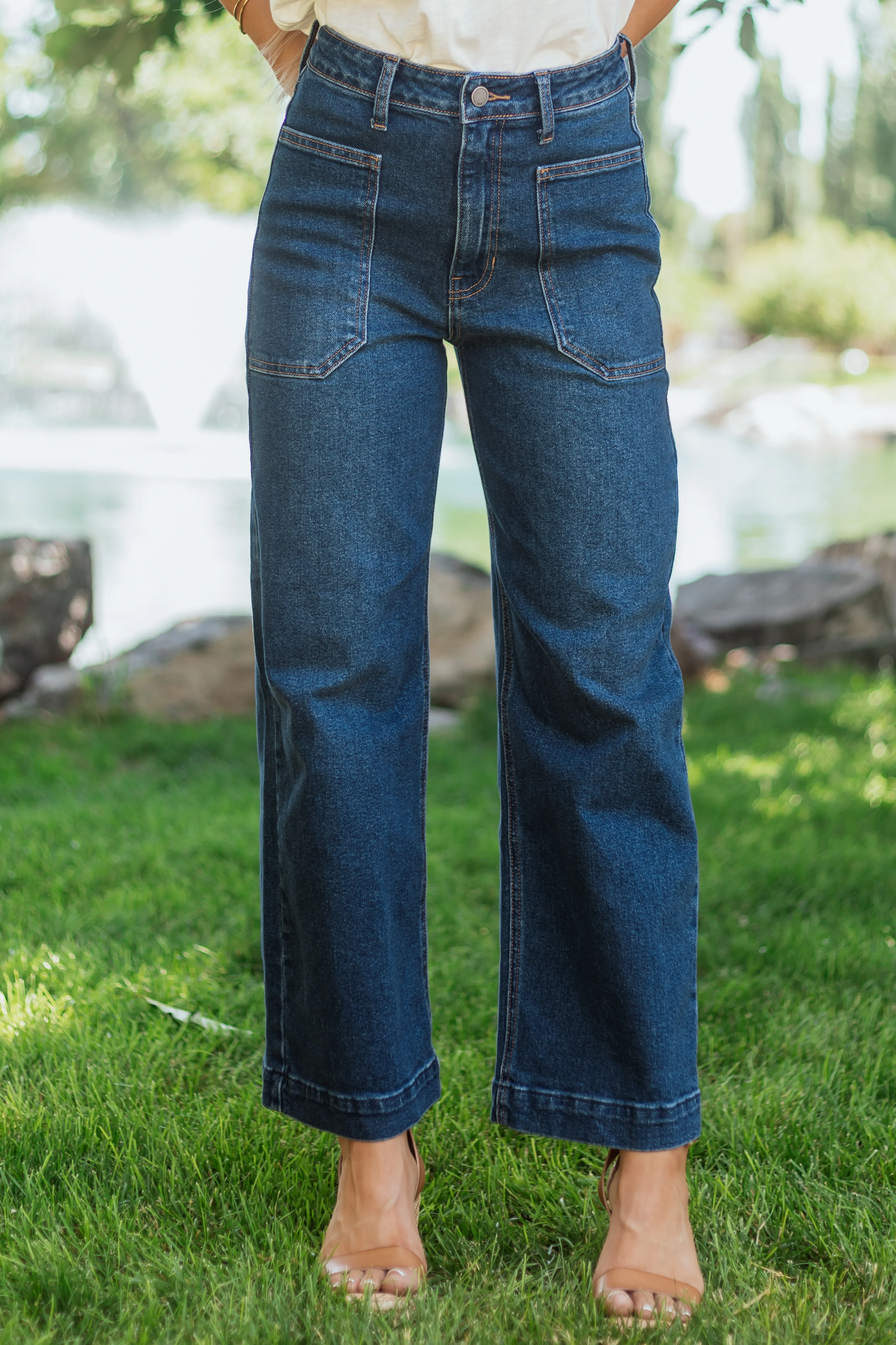 Dark Wash Stretchy Wide Leg Utility Jeans - Image 8