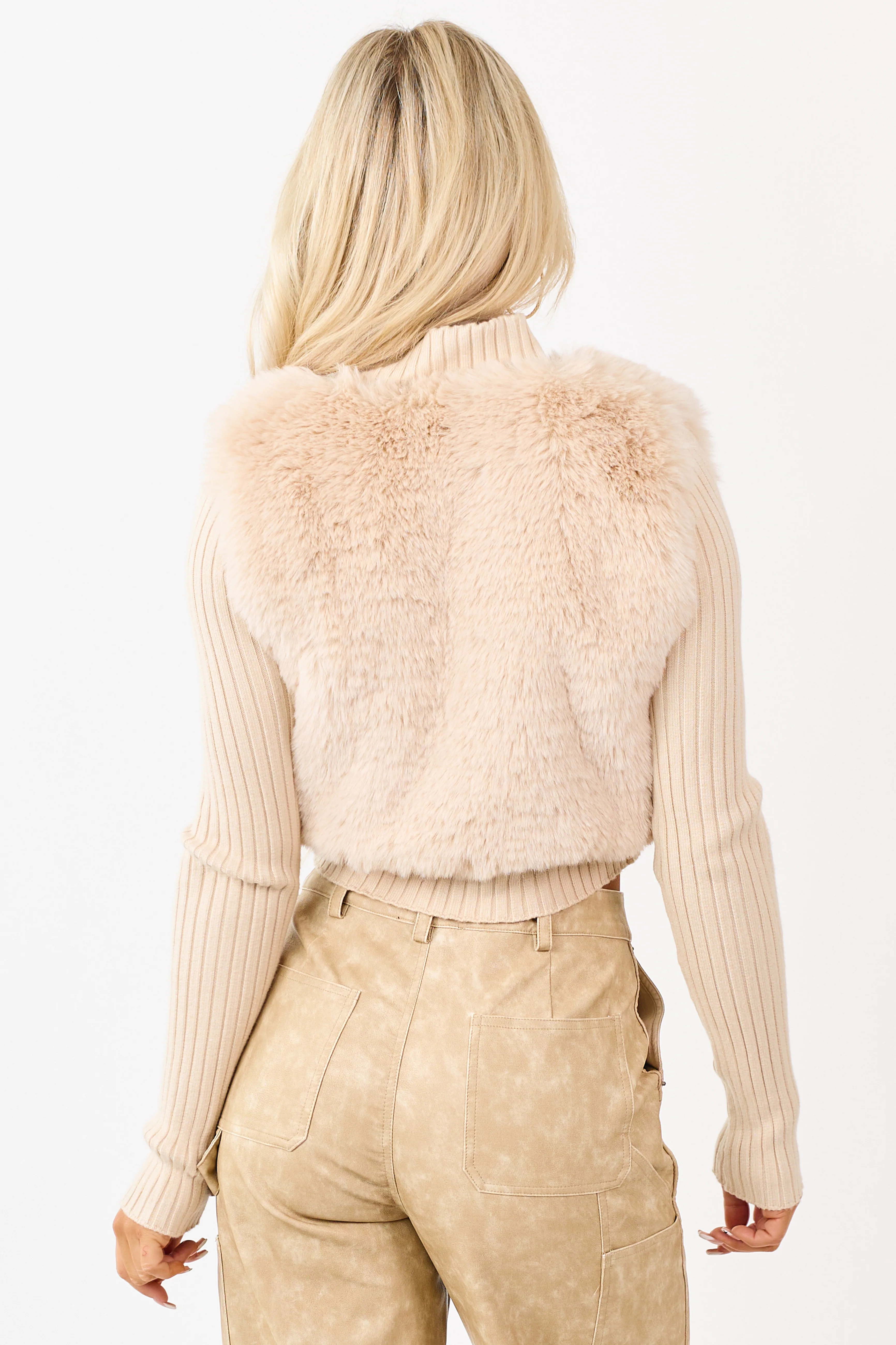 Desert Sand Faux Fur Zip Up Sweater Jacket - Image 7