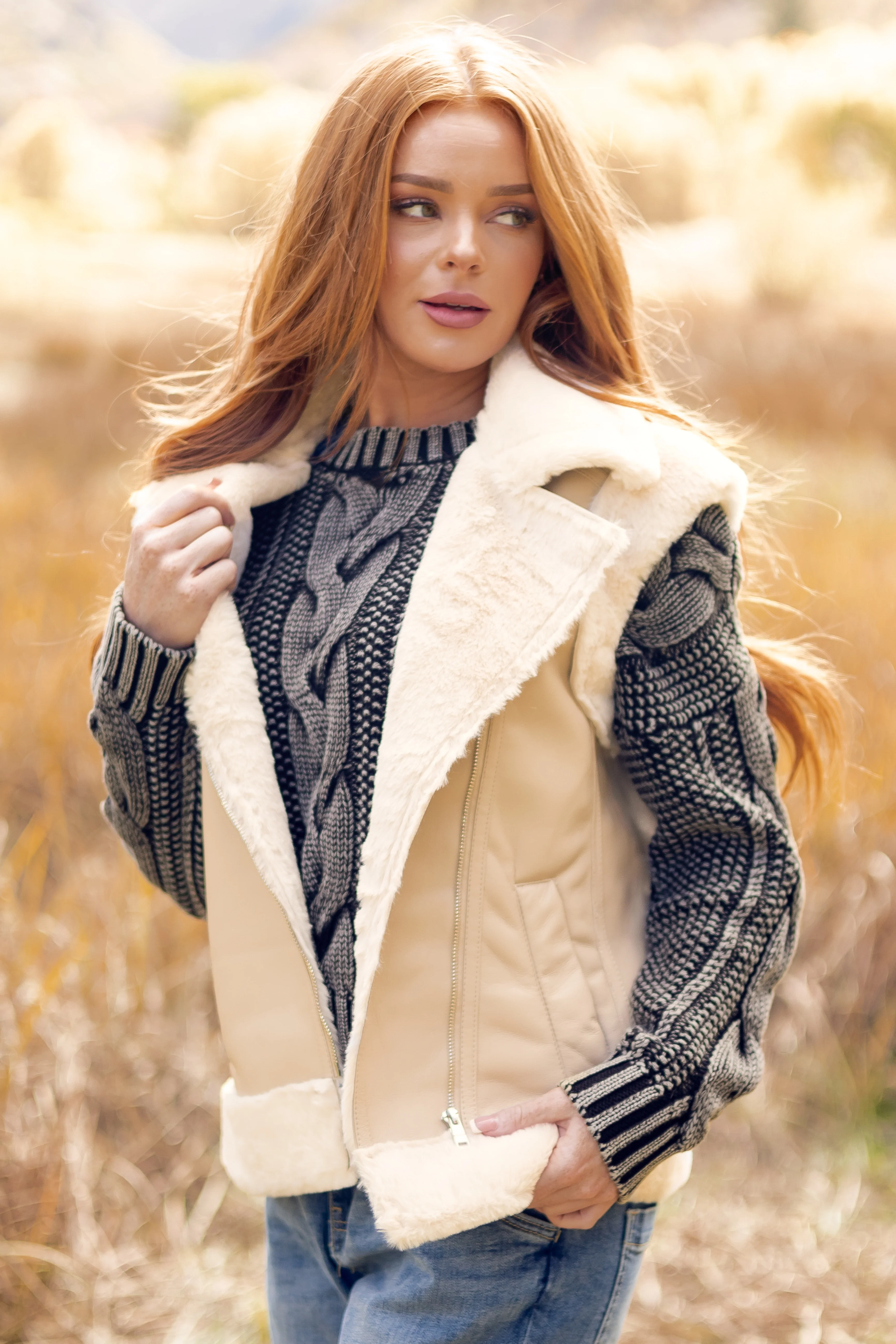 Desert Sand Faux Leather Side Zip Up Collared Vest - Image 2