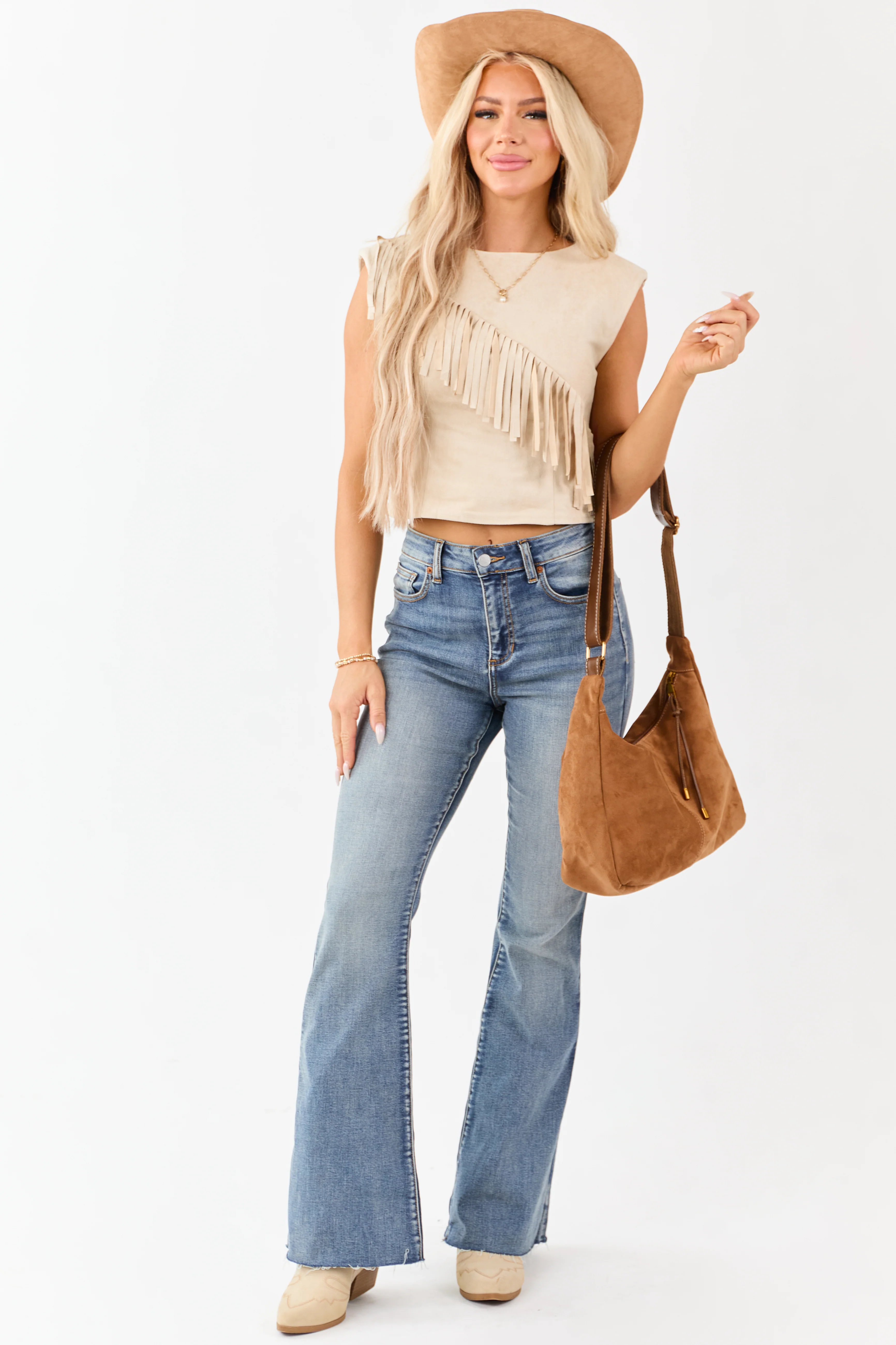 Desert Sand Faux Suede Fringe Cap Sleeve Top - Image 2