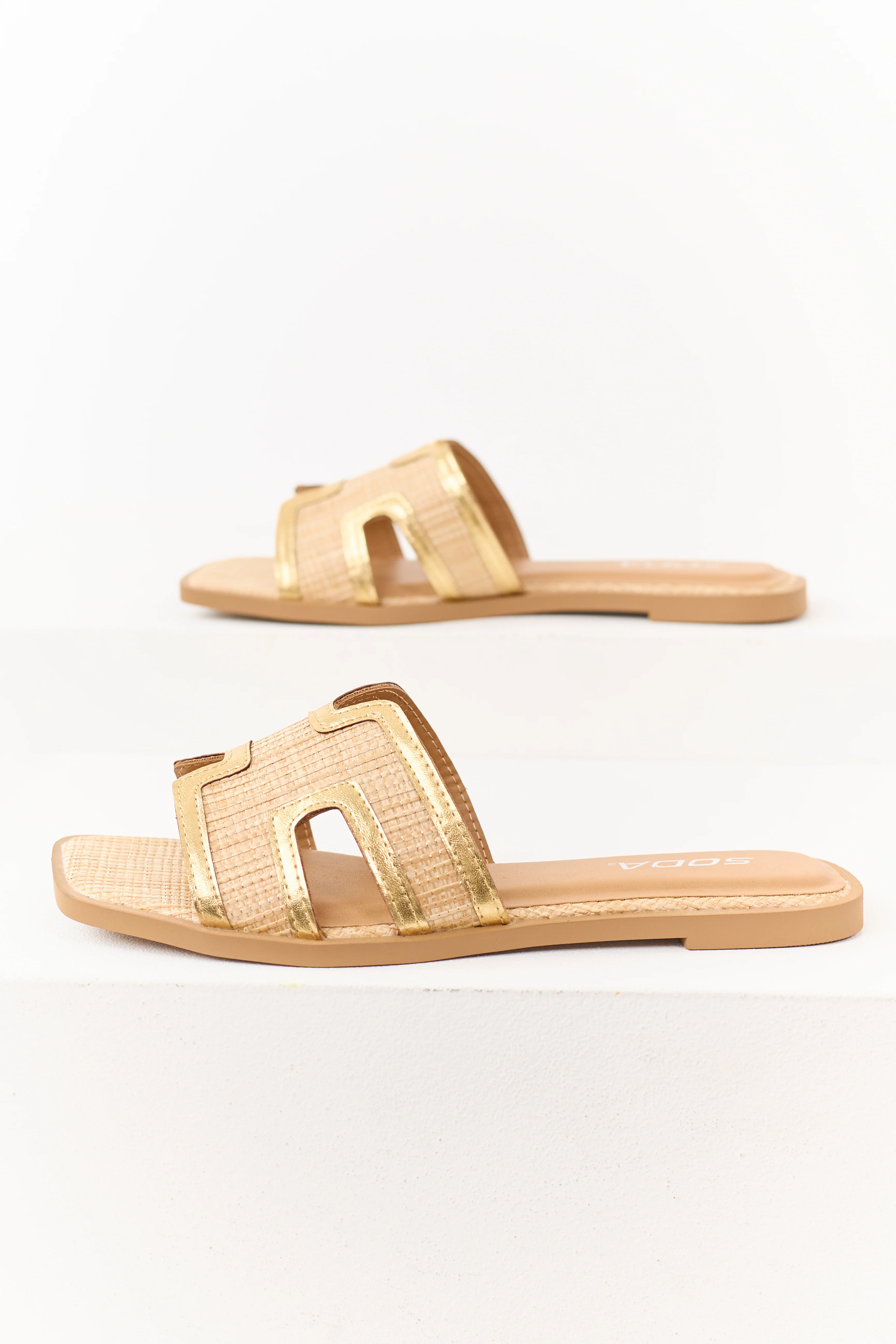 Desert Sand Raffia Gold Faux Leather Strap Sandals - Image 2
