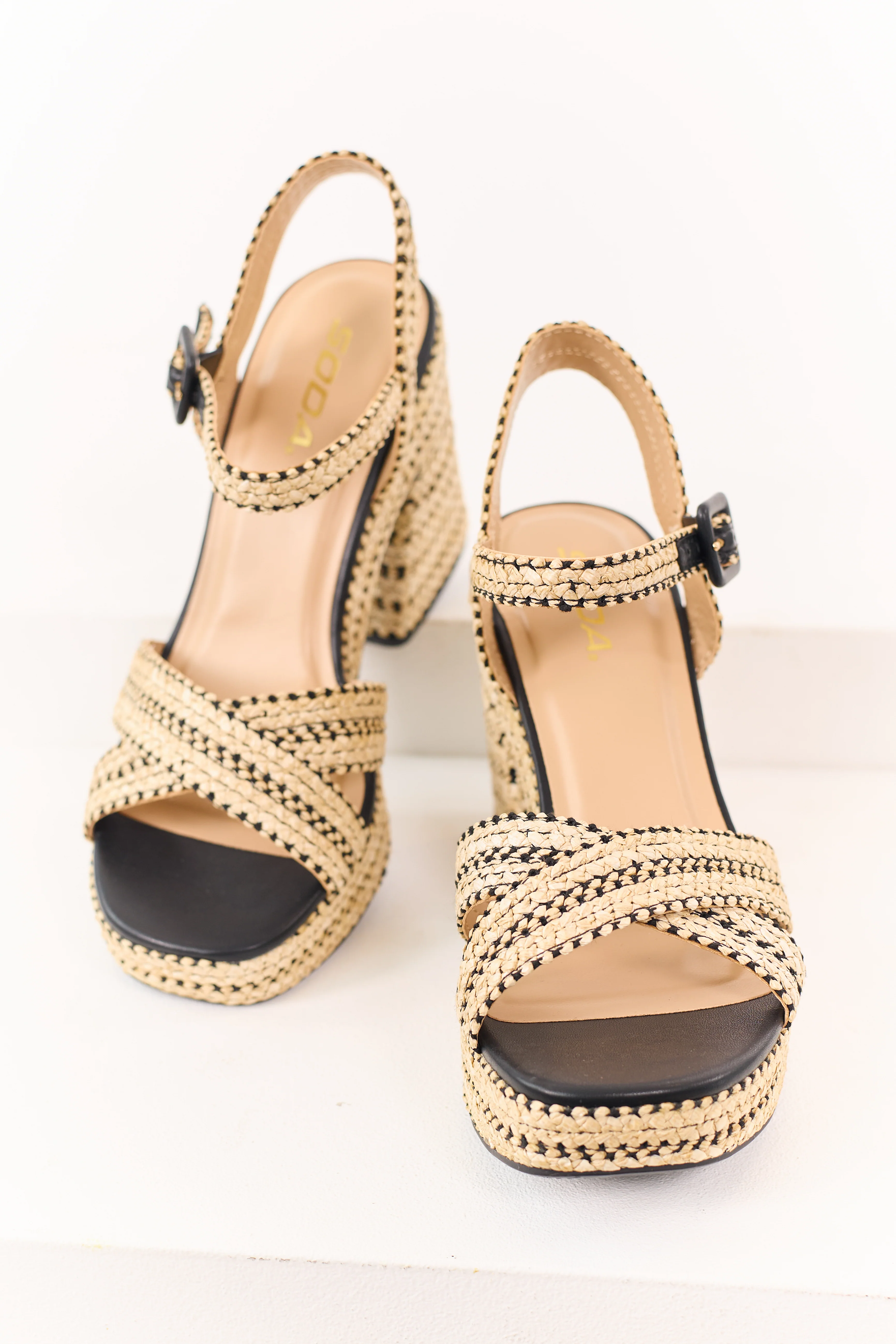Desert Sand Raffia Woven Open Toed Platform Heels - Image 2