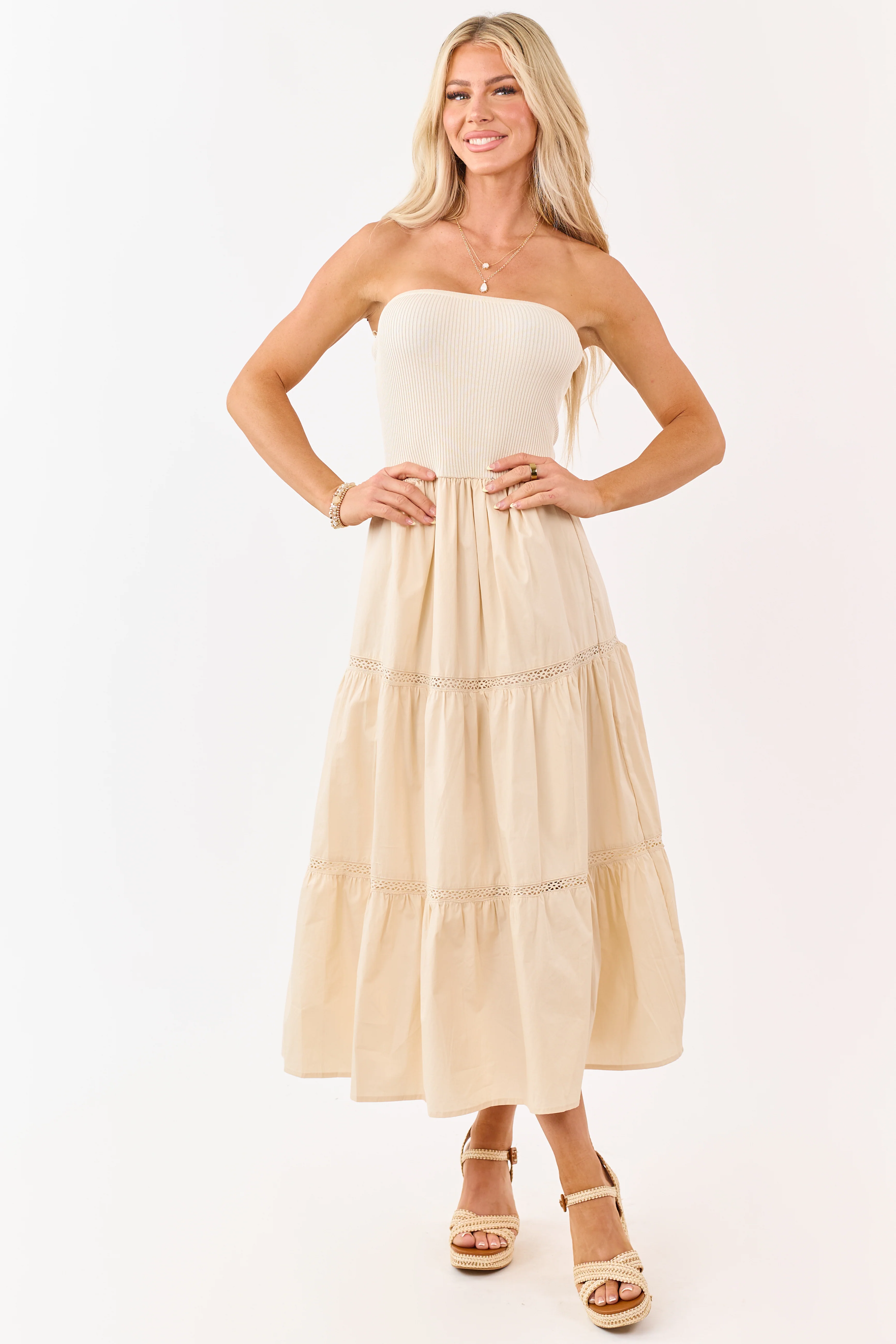 Desert Sand Rib Knit Bodice Tiered Midi Dress