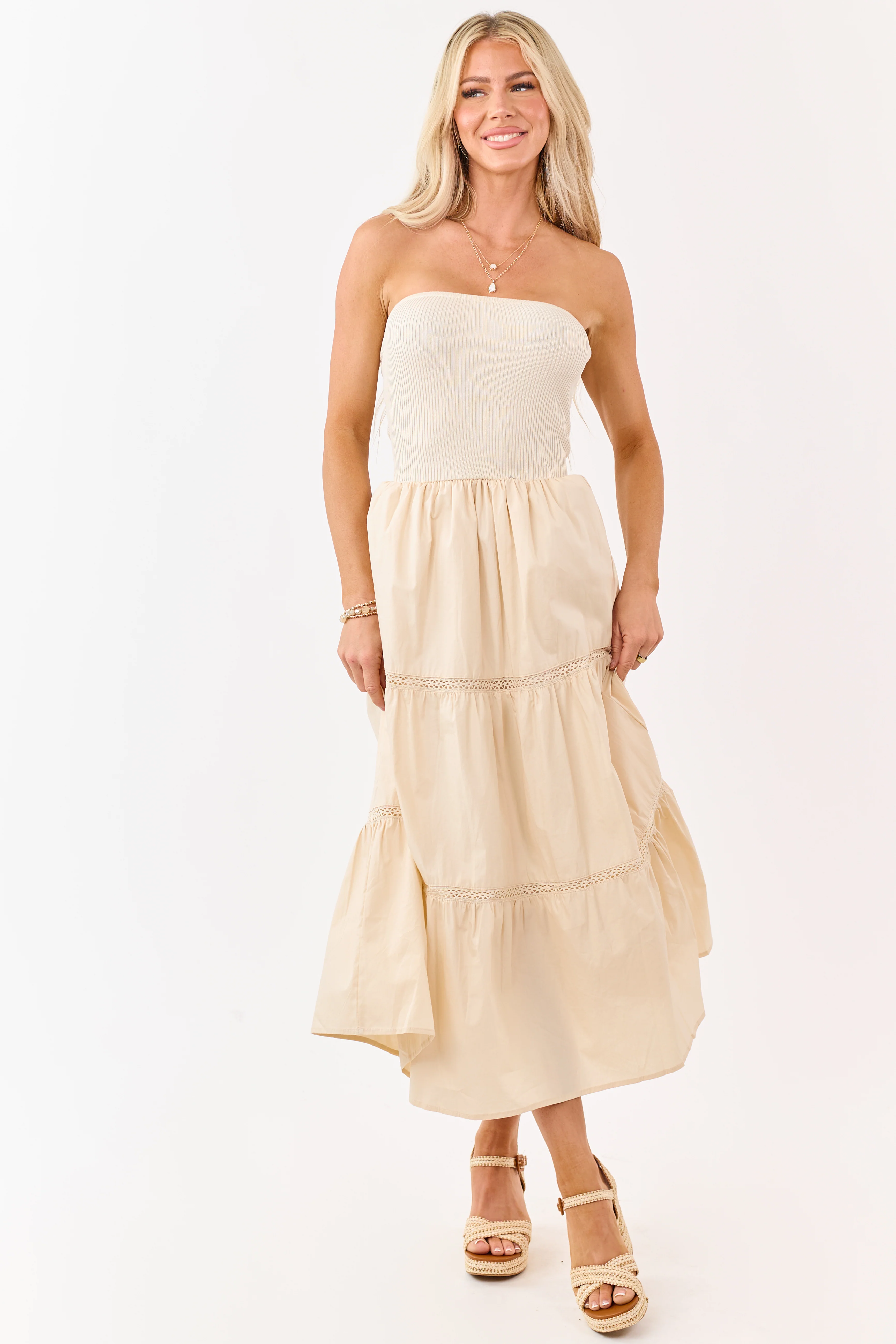 Desert Sand Rib Knit Bodice Tiered Midi Dress - Image 2