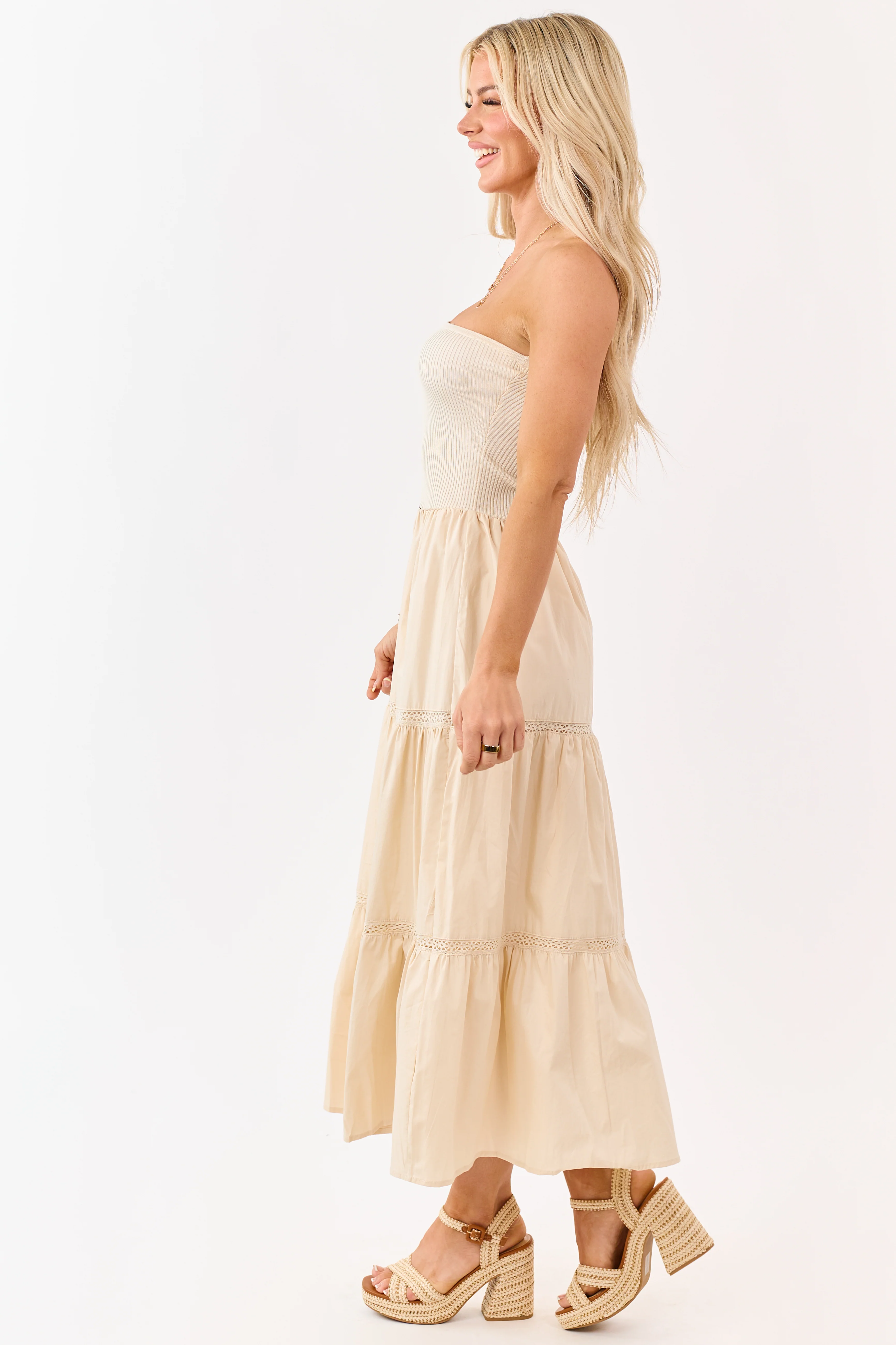 Desert Sand Rib Knit Bodice Tiered Midi Dress - Image 4