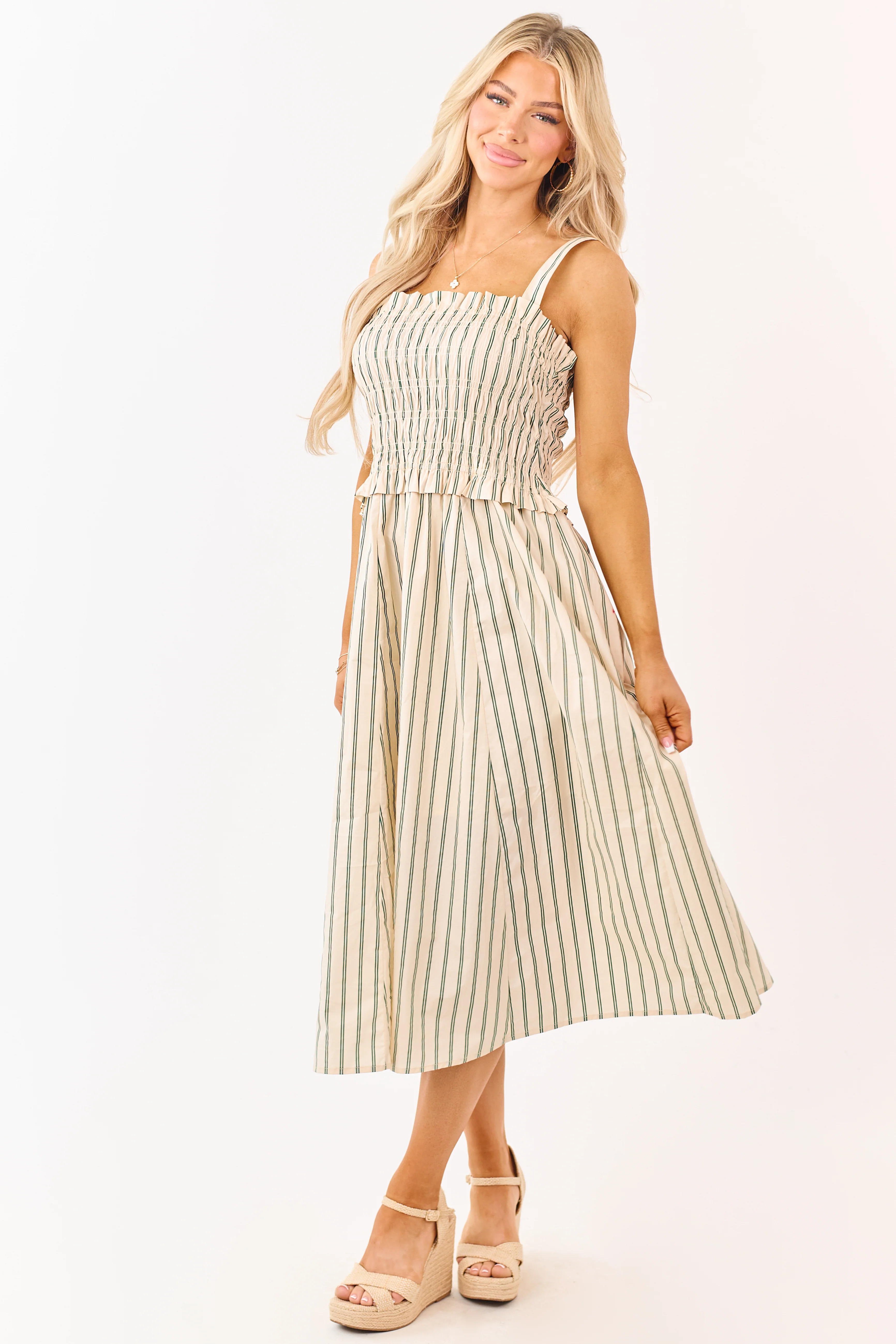 Desert Sand Striped Cotton Smocked Midi Dress - Image 3