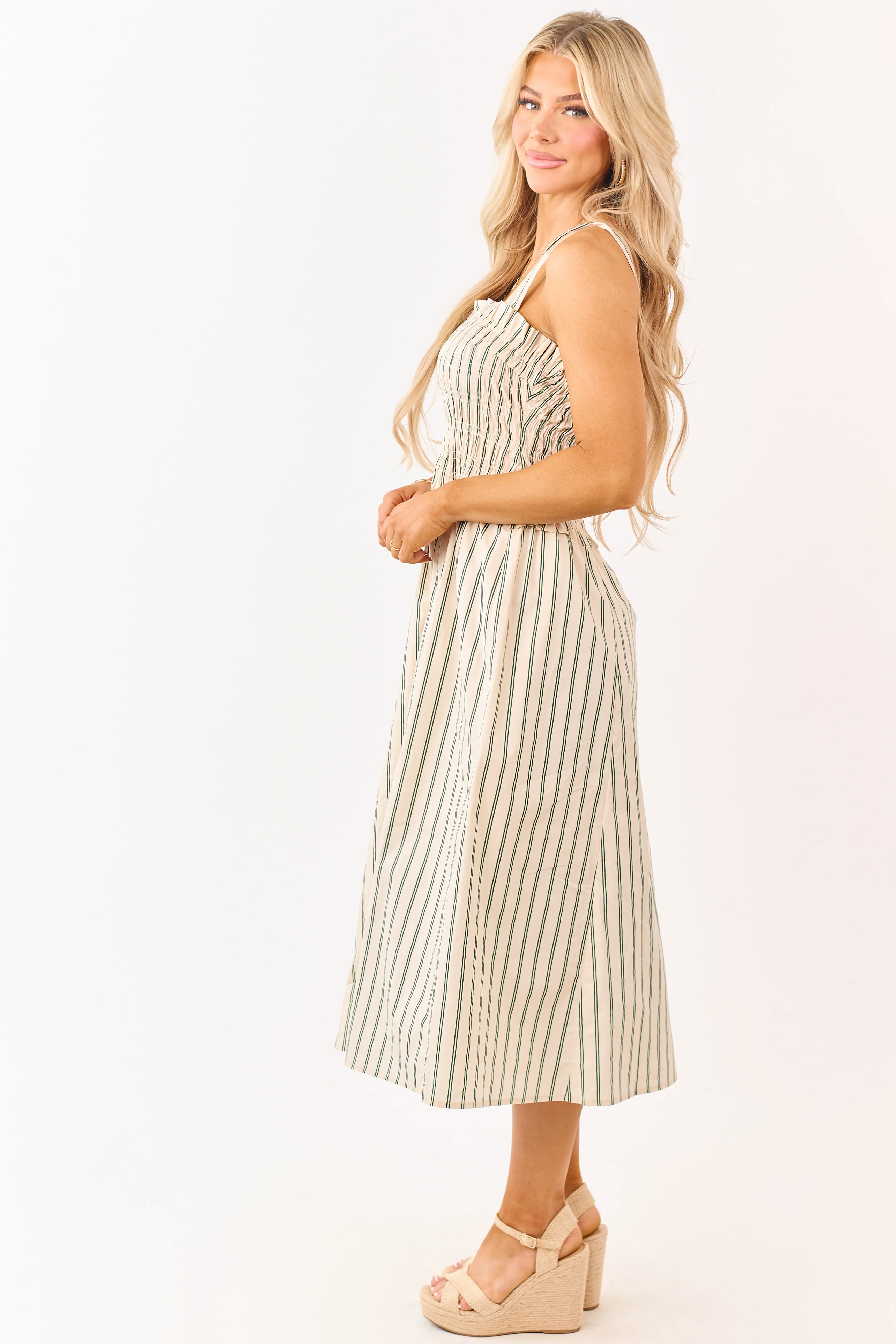 Desert Sand Striped Cotton Smocked Midi Dress - Image 4