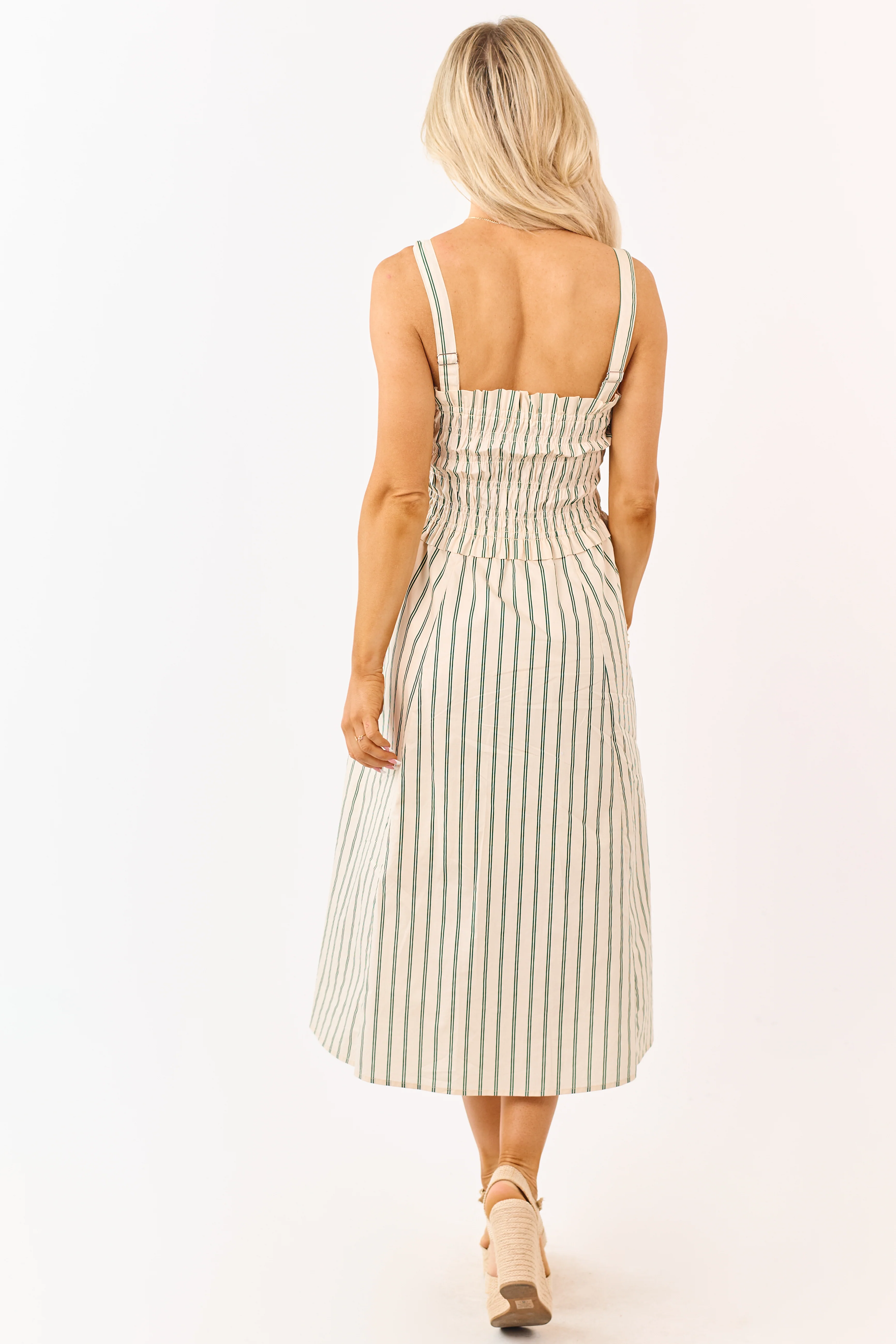 Desert Sand Striped Cotton Smocked Midi Dress - Image 5