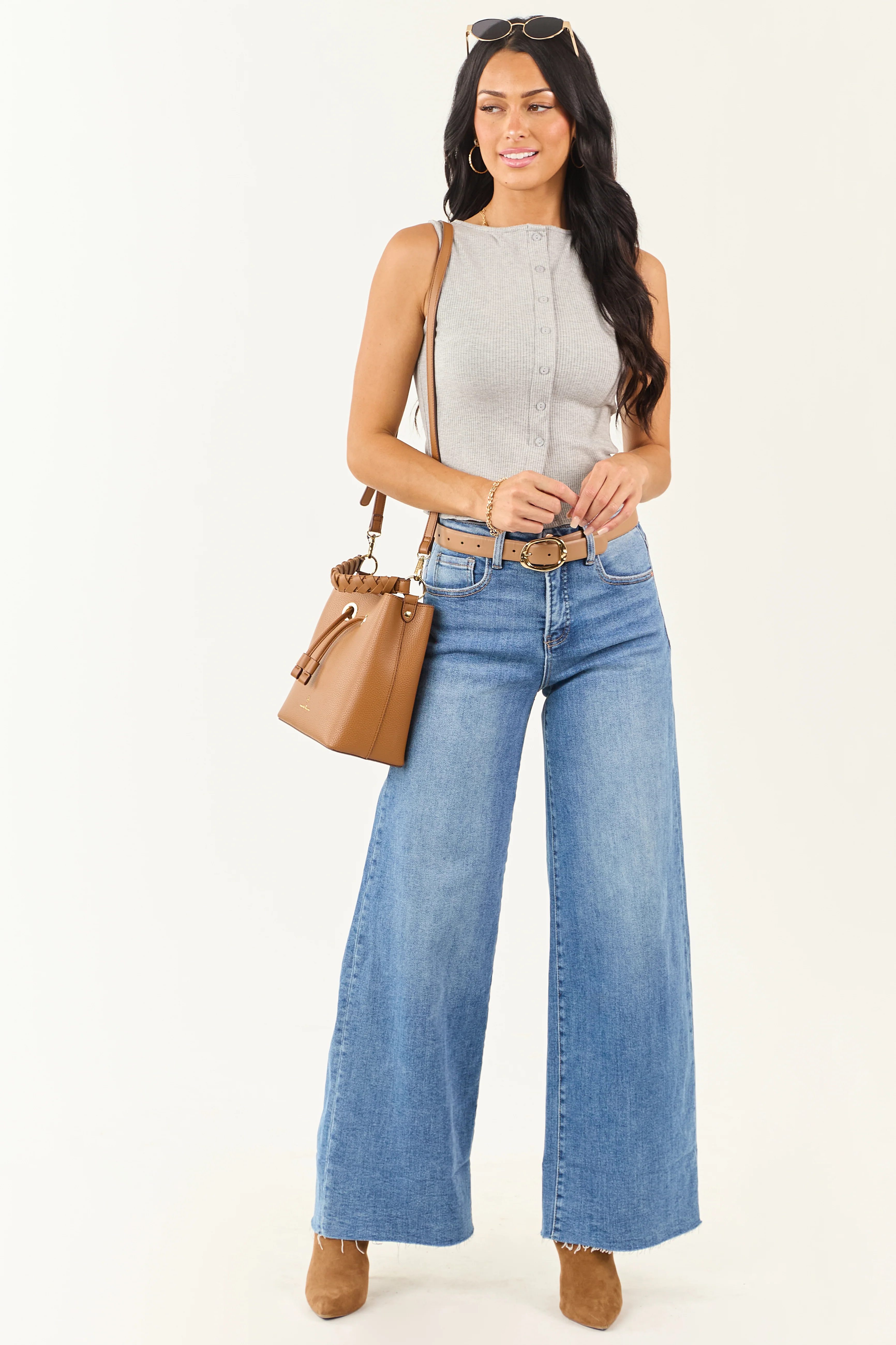 Dove Grey Button Down Ribbed Knit Tank Top - Image 4