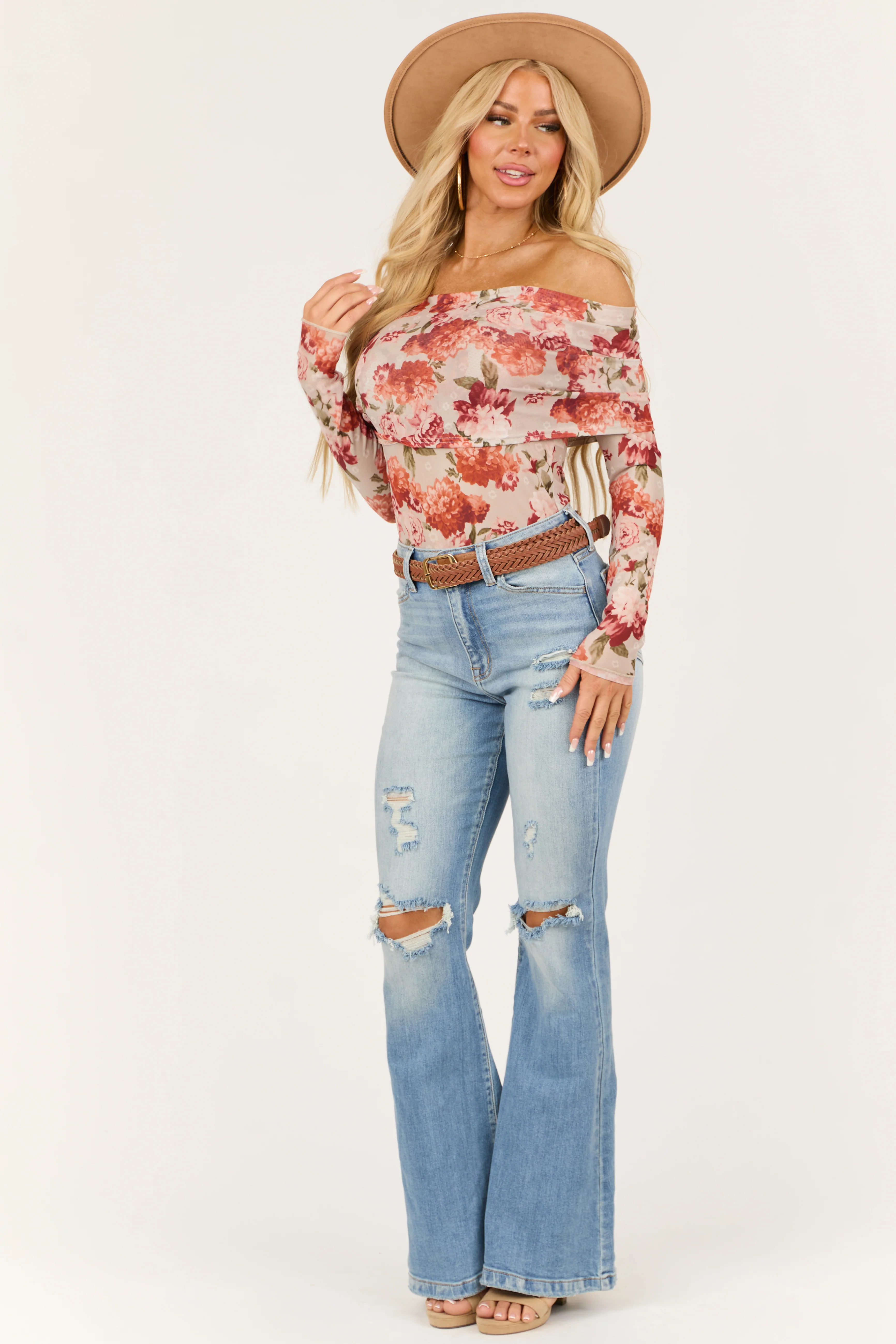 Dove Grey Floral Print Off the Shoulder Bodysuit - Image 3