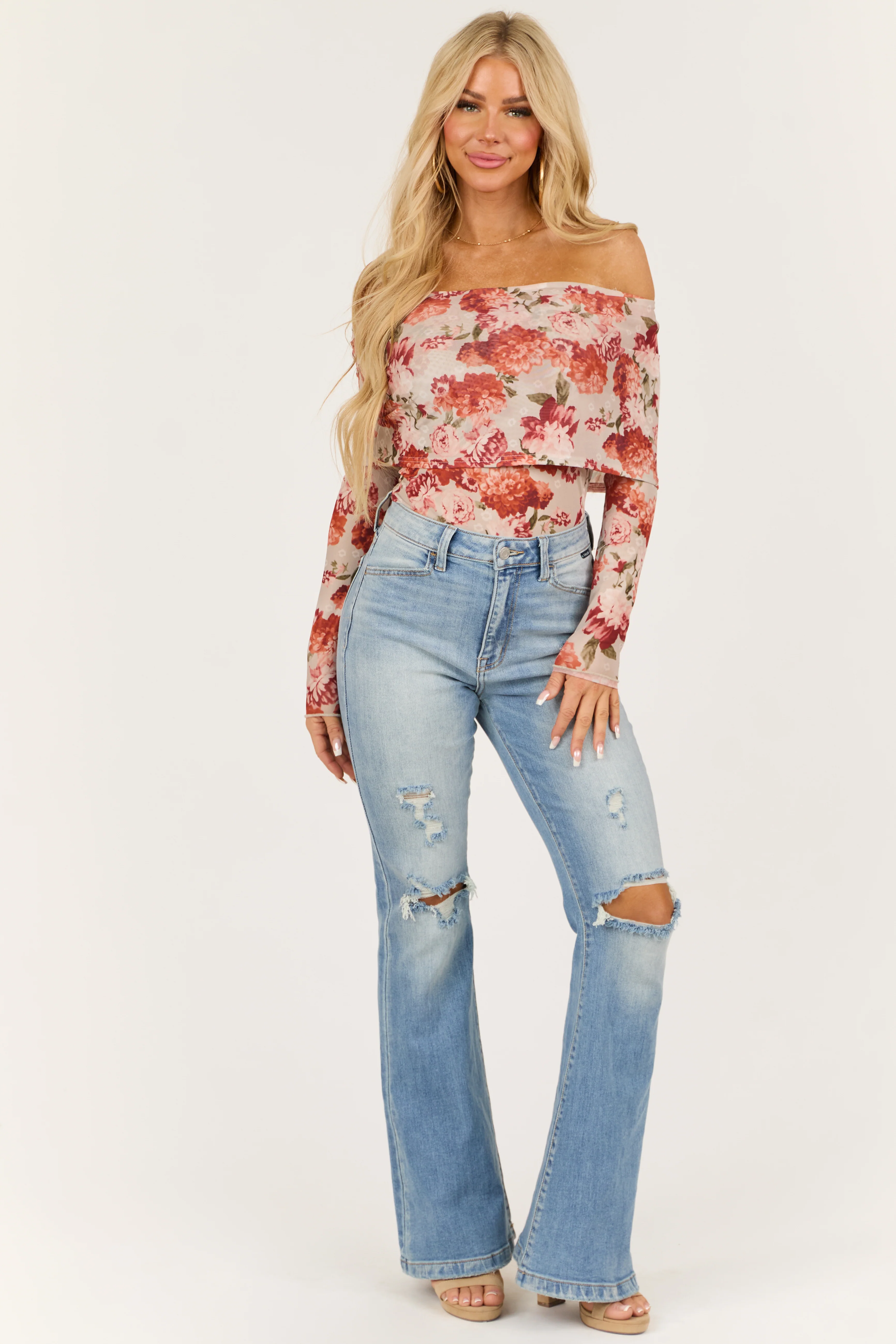 Dove Grey Floral Print Off the Shoulder Bodysuit - Image 4
