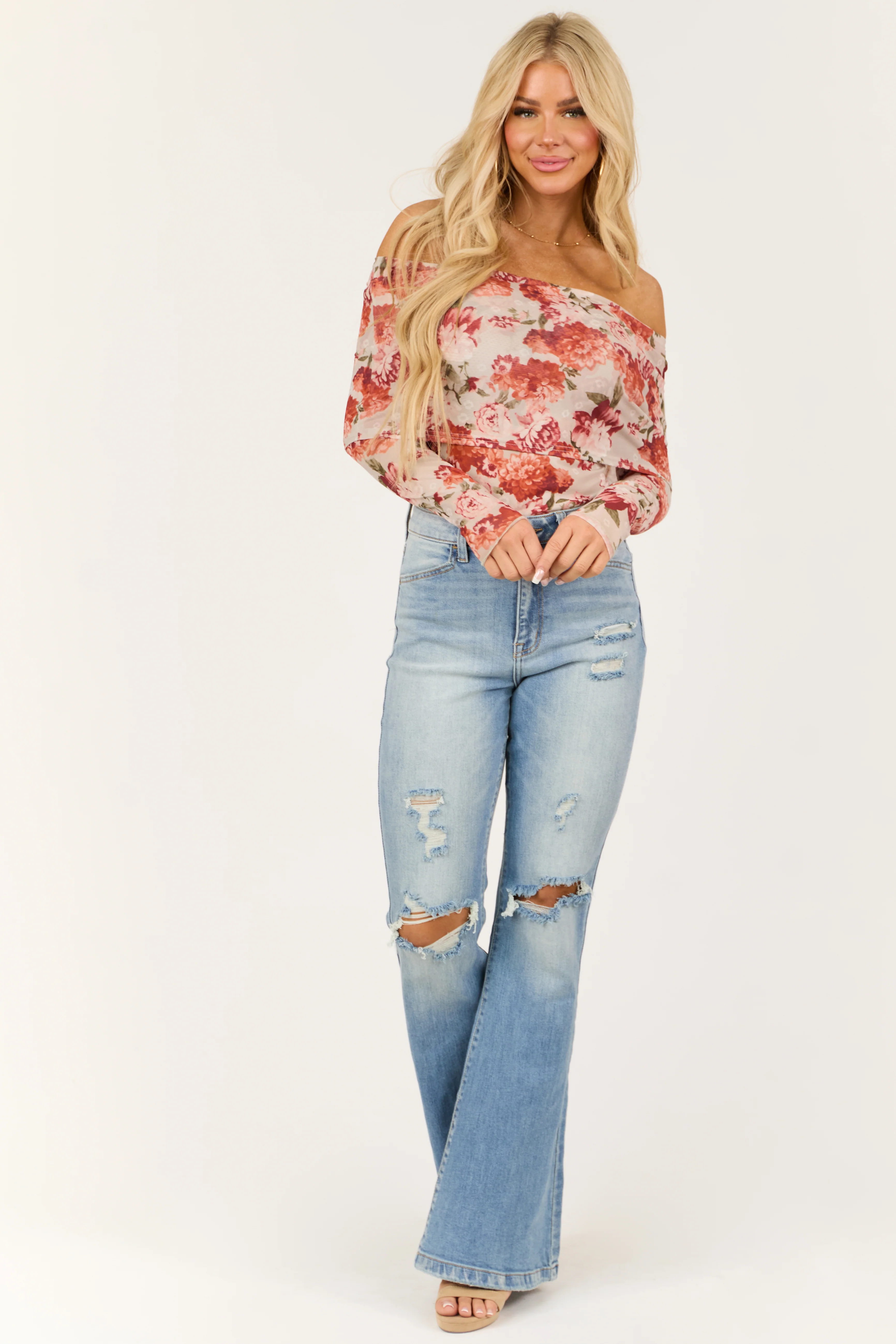 Dove Grey Floral Print Off the Shoulder Bodysuit - Image 5