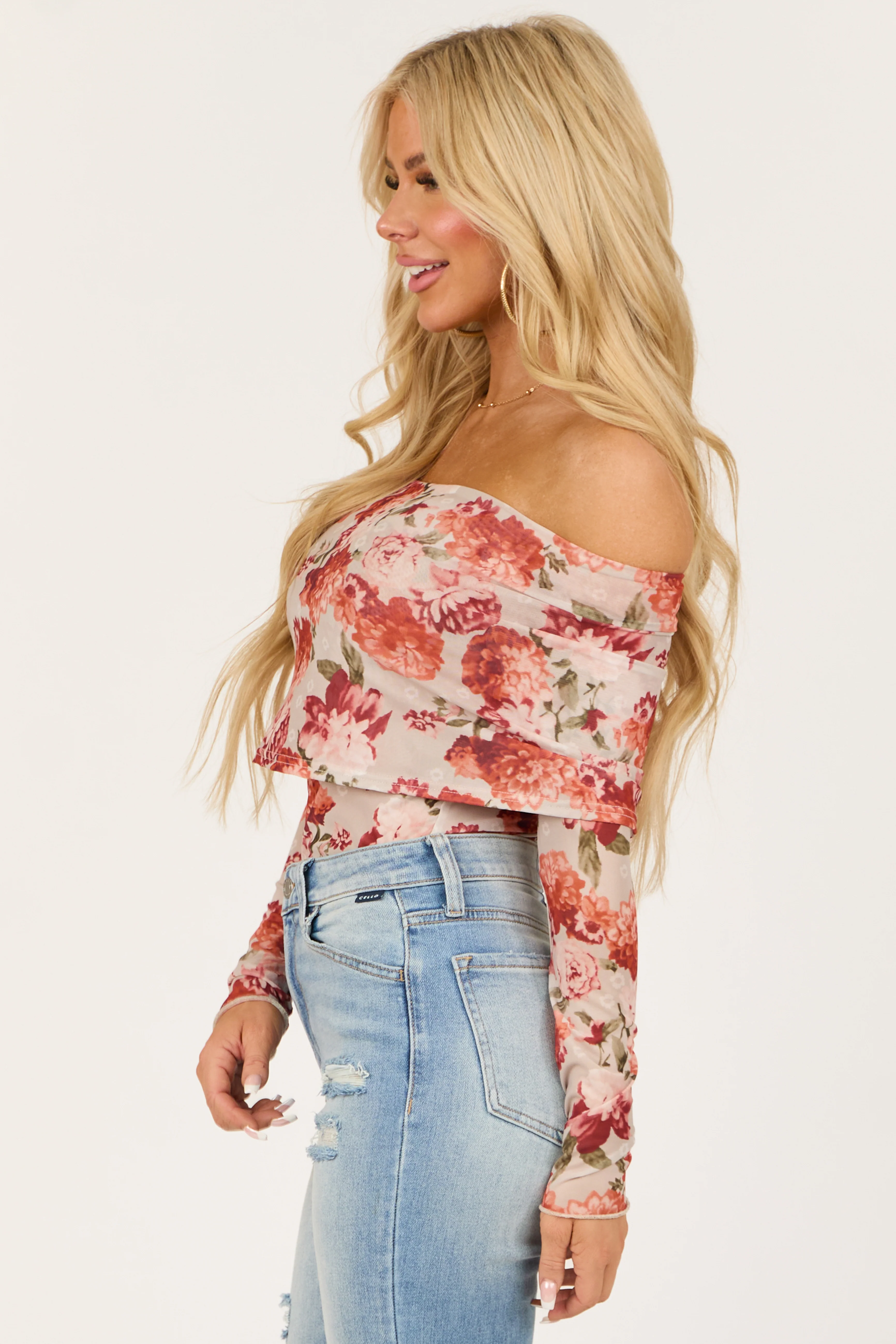 Dove Grey Floral Print Off the Shoulder Bodysuit - Image 7