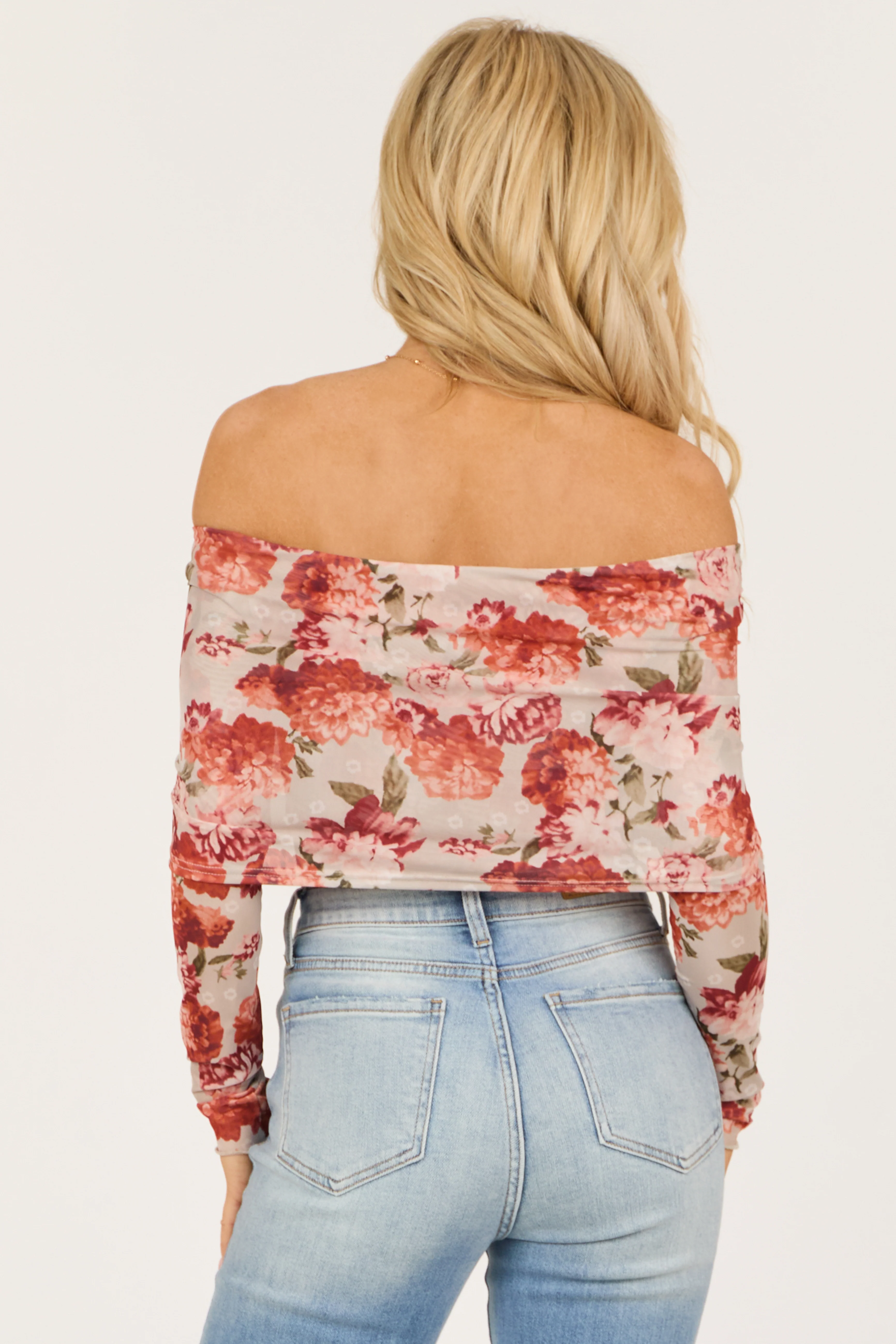 Dove Grey Floral Print Off the Shoulder Bodysuit - Image 8