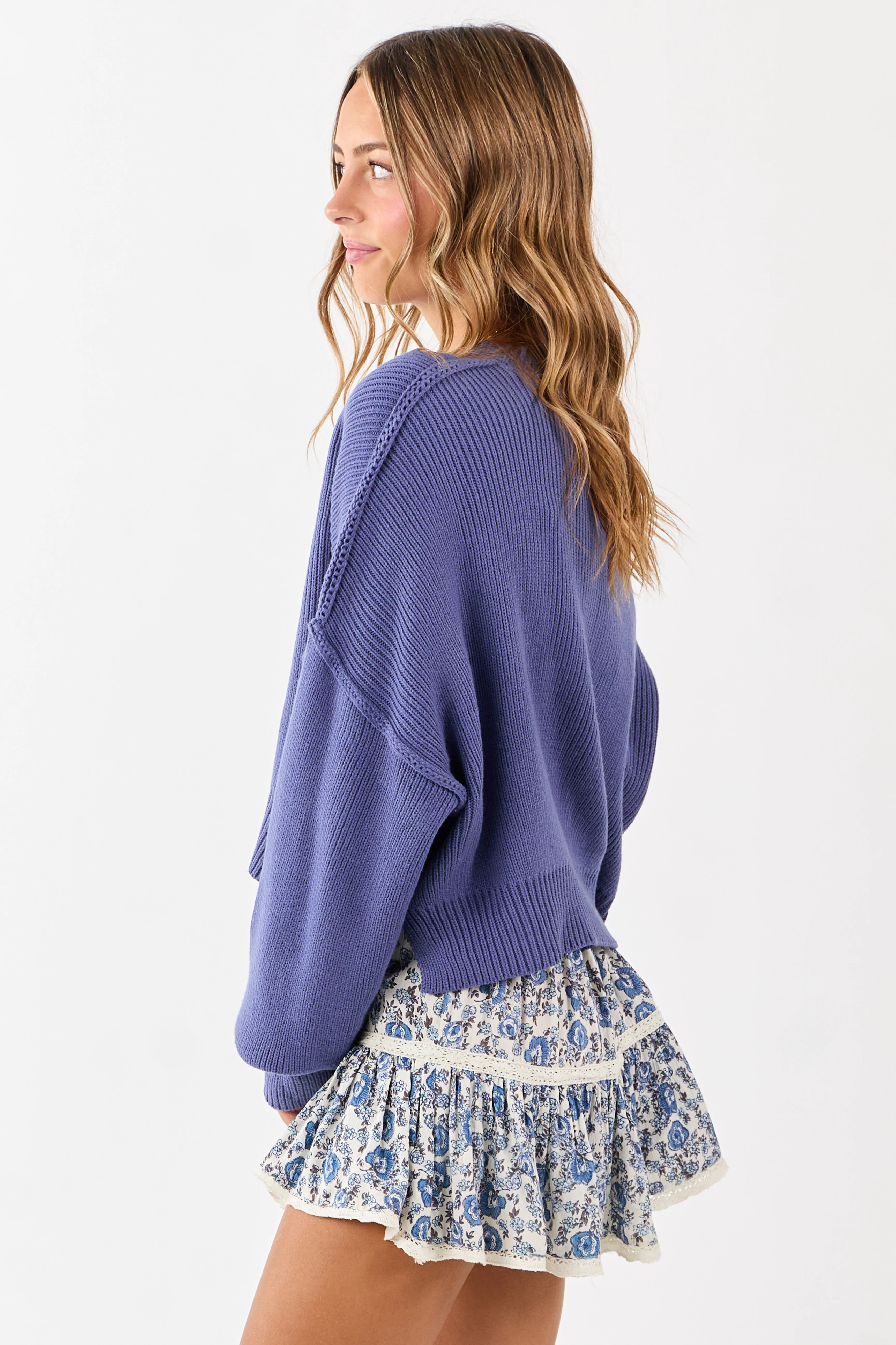 Dusty Blue Boxy Drop Shoulder Crop Rib Knit Sweater - Image 4