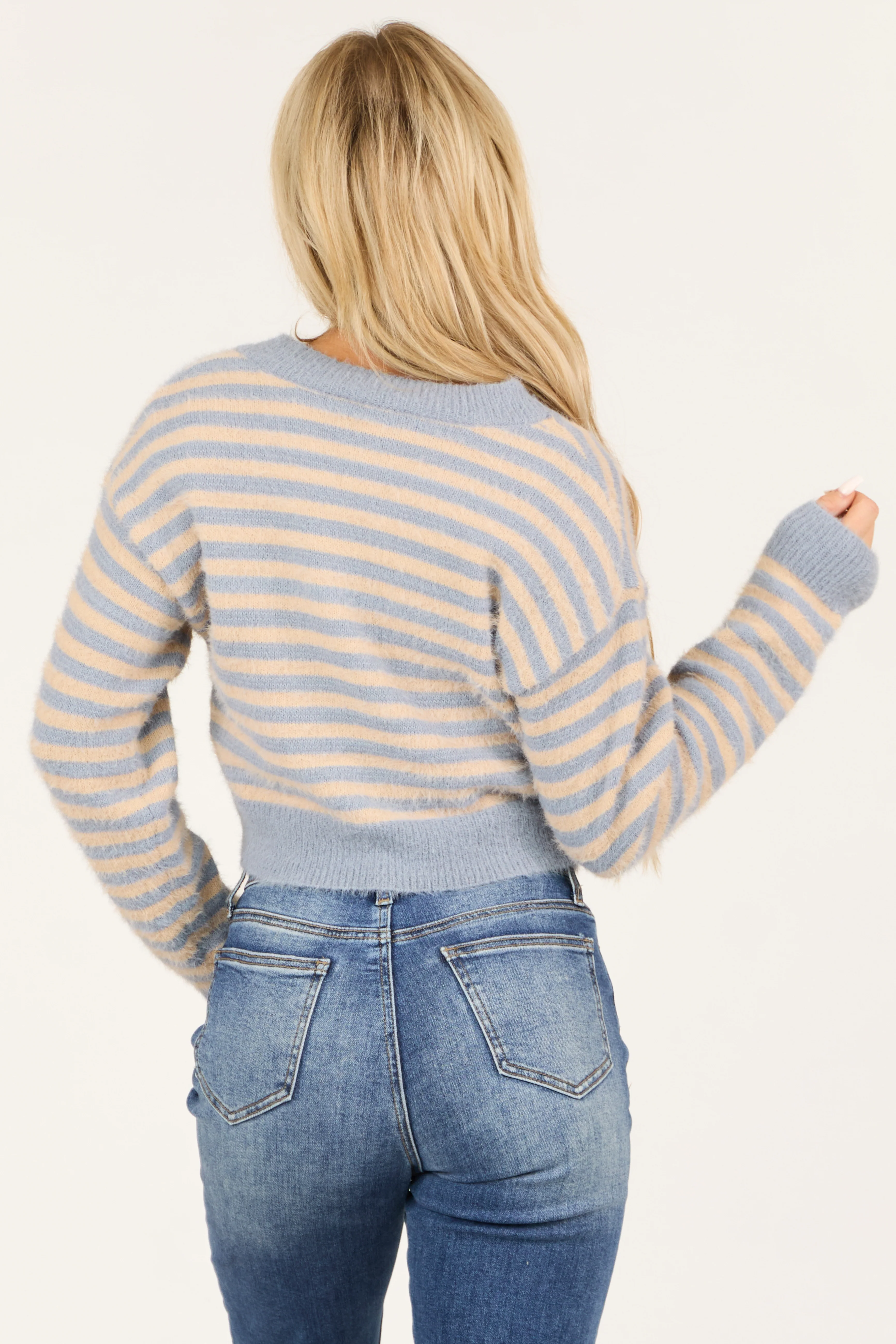 Dusty Blue and Champagne Striped Button Up Cardigan - Image 7