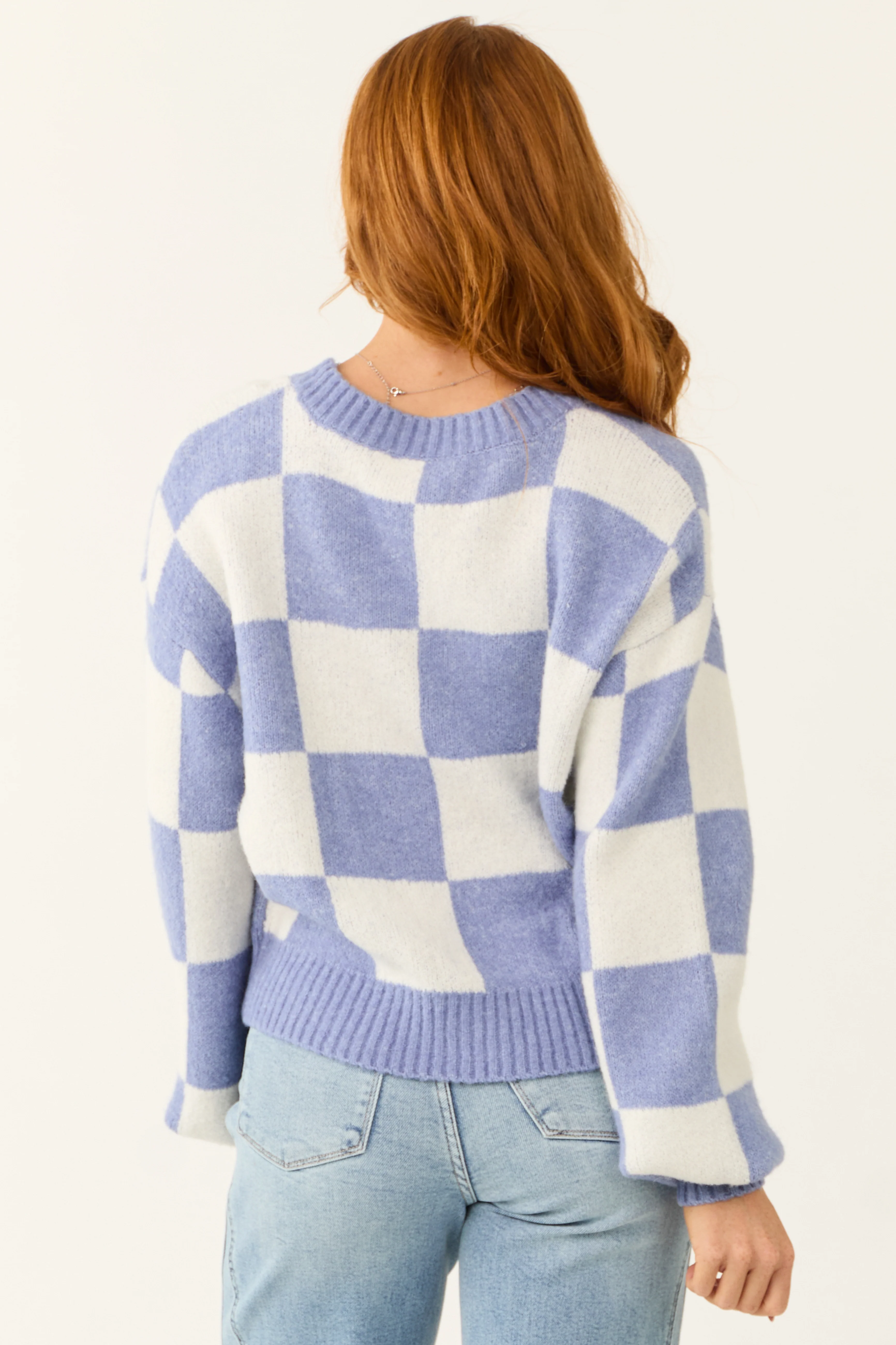 Dusty Blue and Ivory Checkered Print Cardigan - Image 6