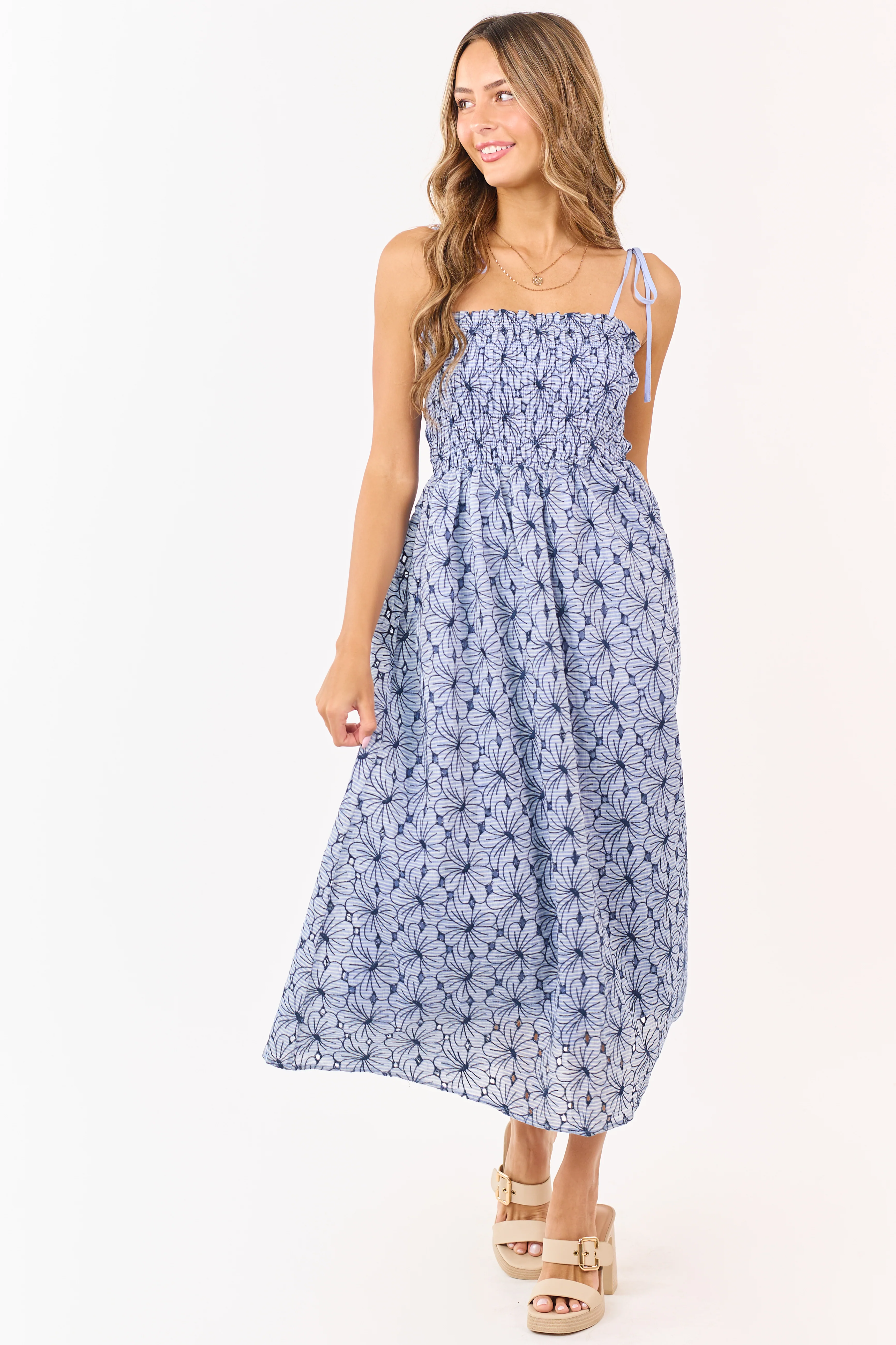 Dusty Blue Floral Cotton Smocked Maxi Dress - Image 2