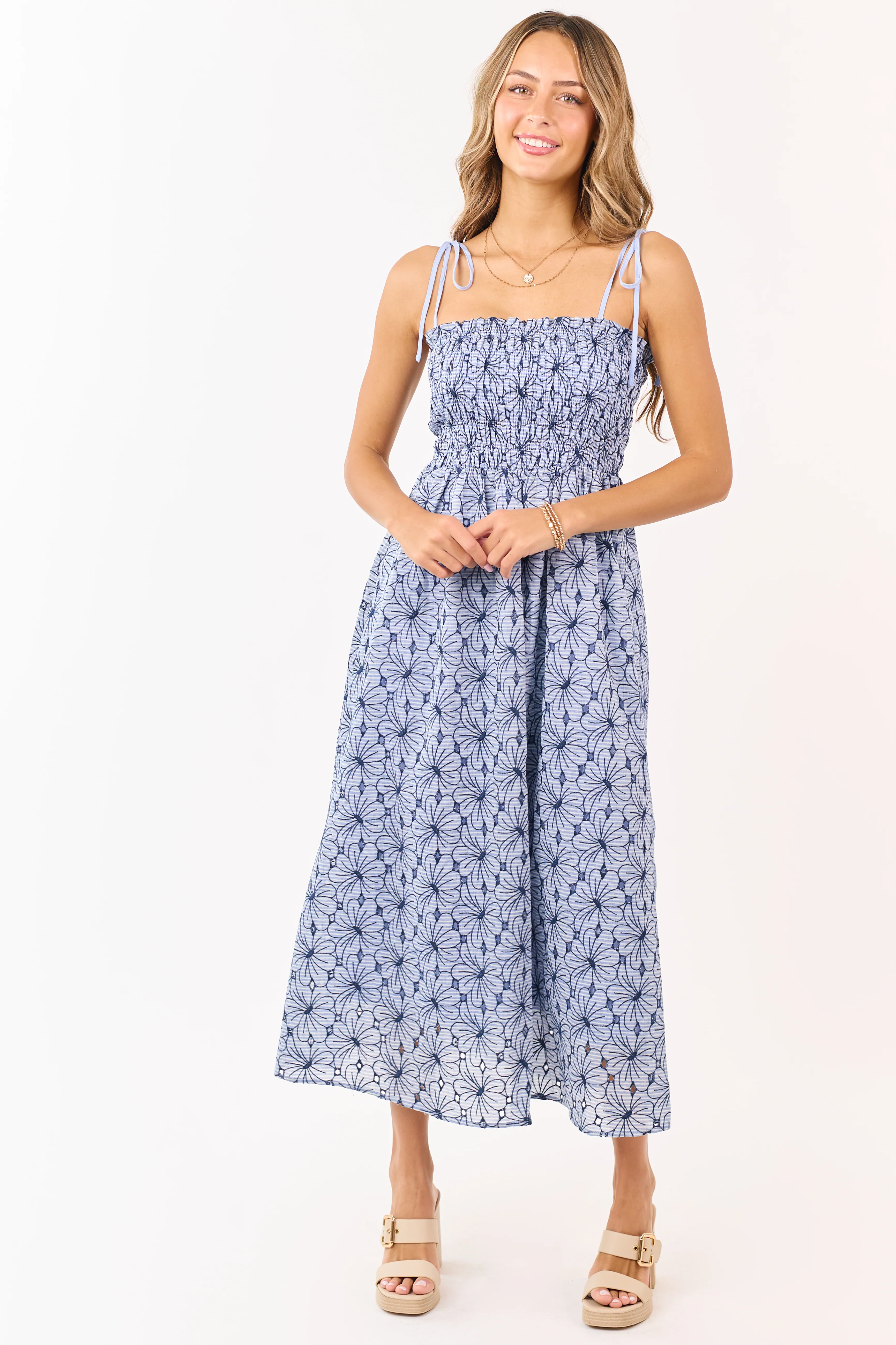 Dusty Blue Floral Cotton Smocked Maxi Dress - Image 3