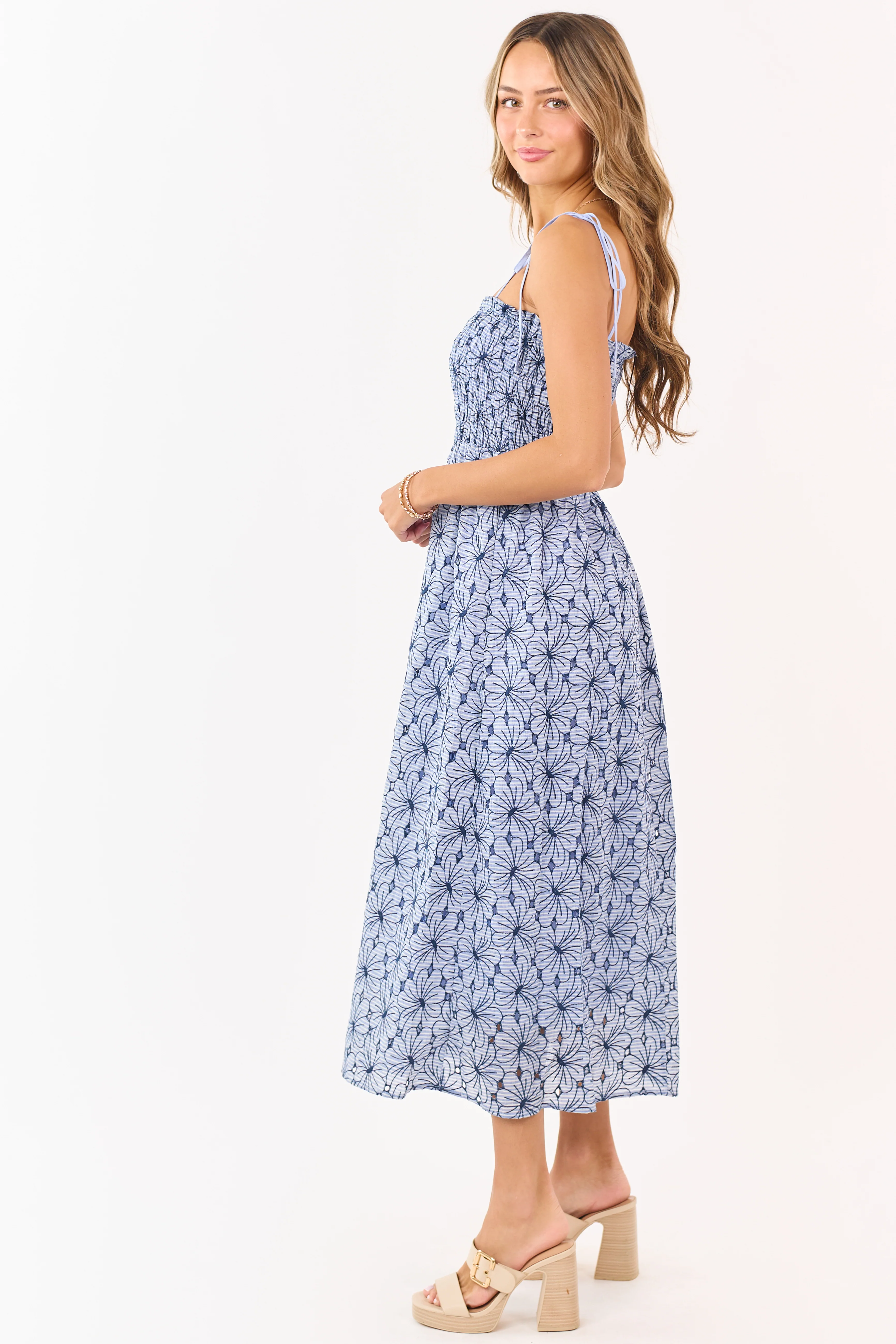 Dusty Blue Floral Cotton Smocked Maxi Dress - Image 4