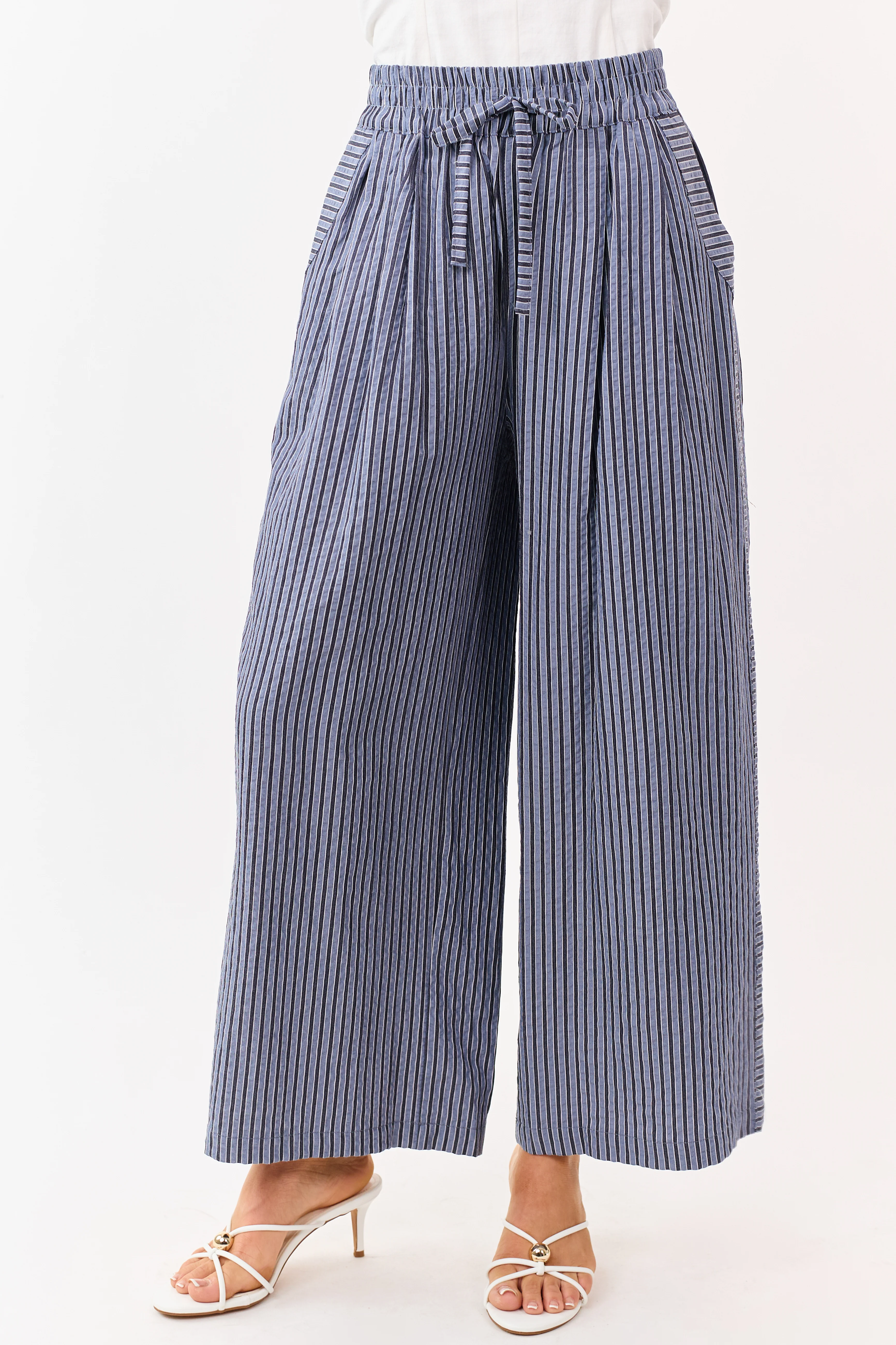 Dusty Blue and Navy Striped Wide Leg Pants - Image 2