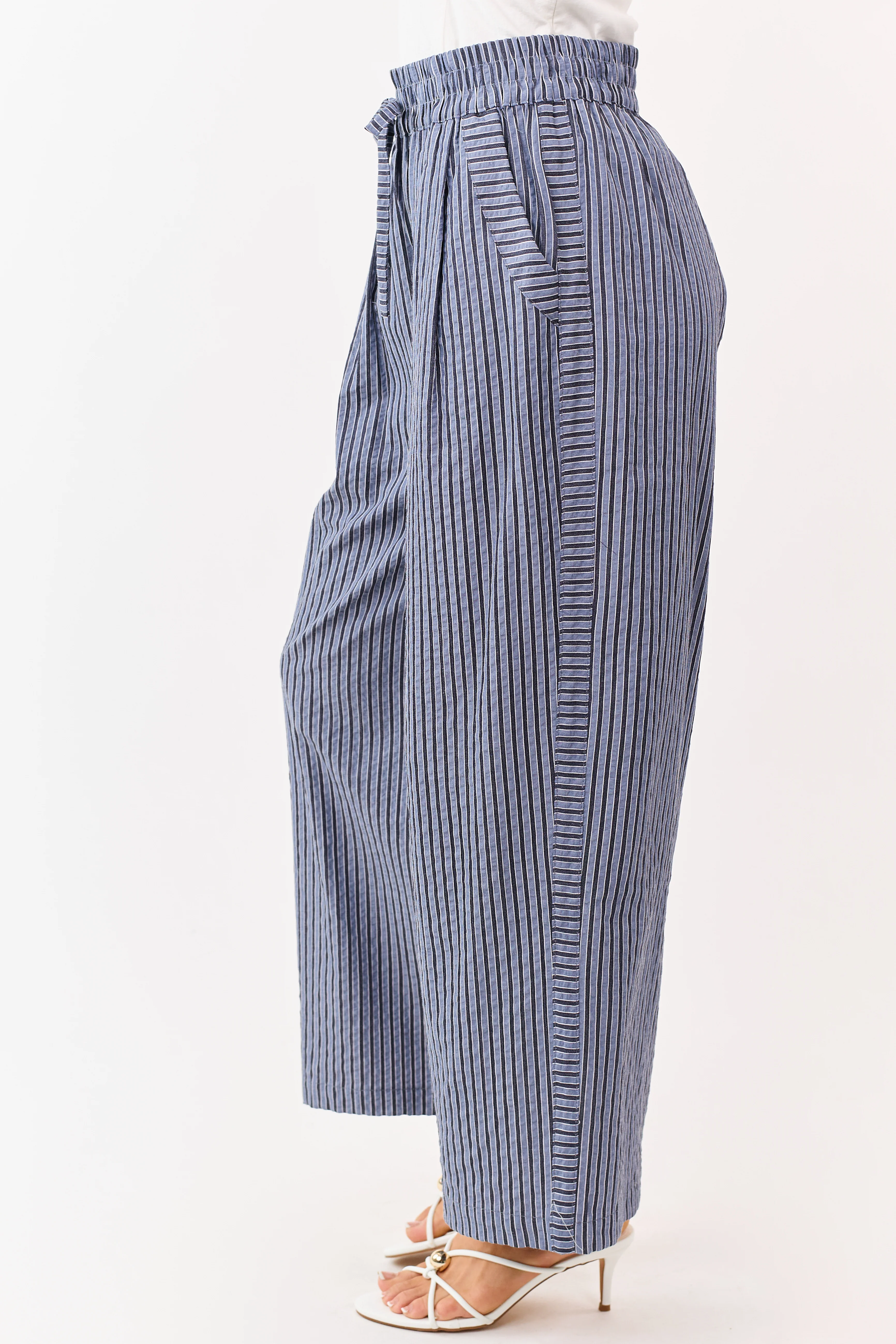 Dusty Blue and Navy Striped Wide Leg Pants - Image 3