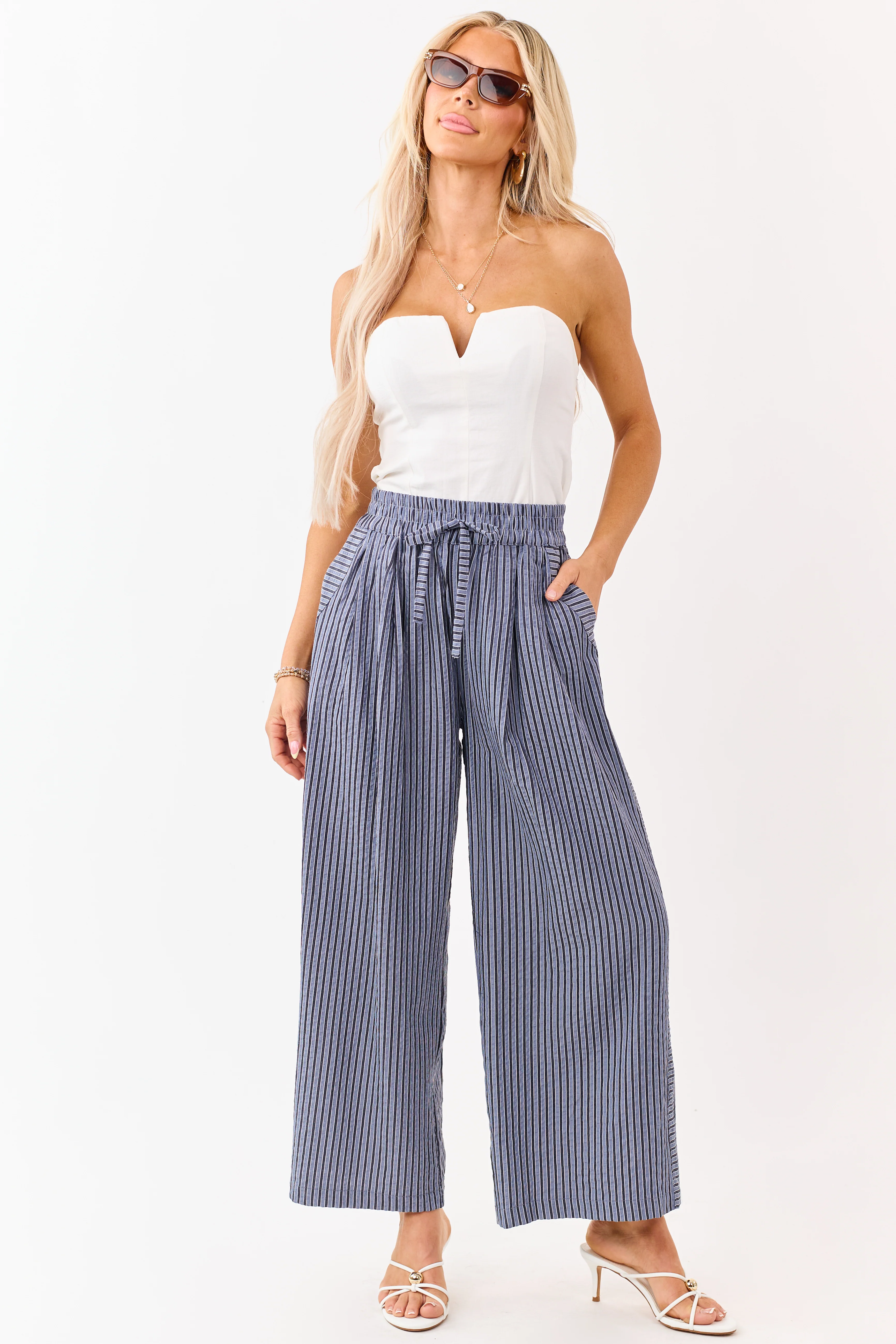 Dusty Blue and Navy Striped Wide Leg Pants - Image 6